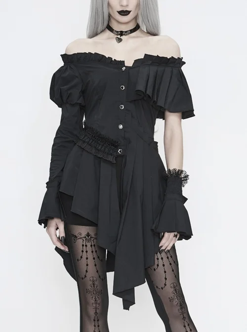 Off-Shoulder Front Chest Frill Retro Button Irregular Hem Black Gothic Blouse