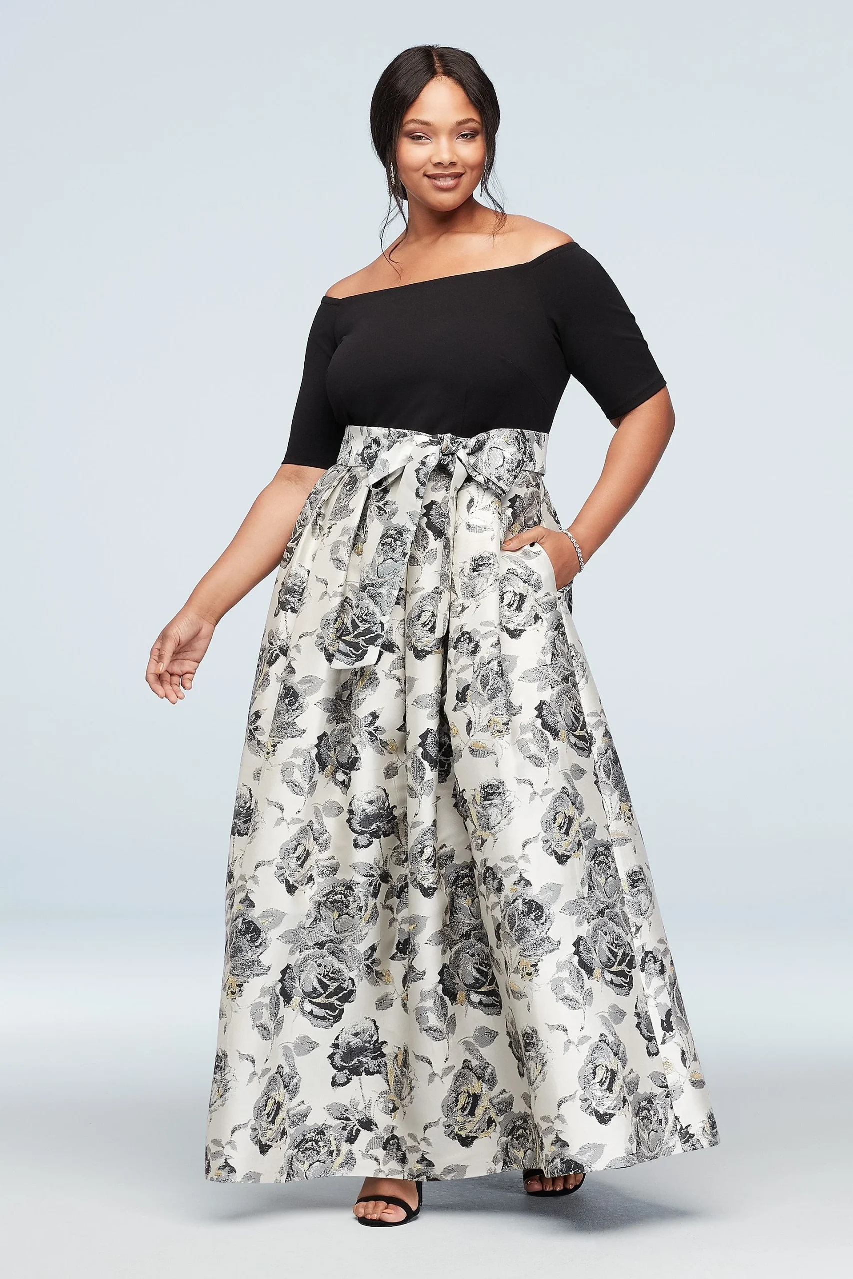 Off-the-Shoulder Gown with Mikado Floral Skirt
