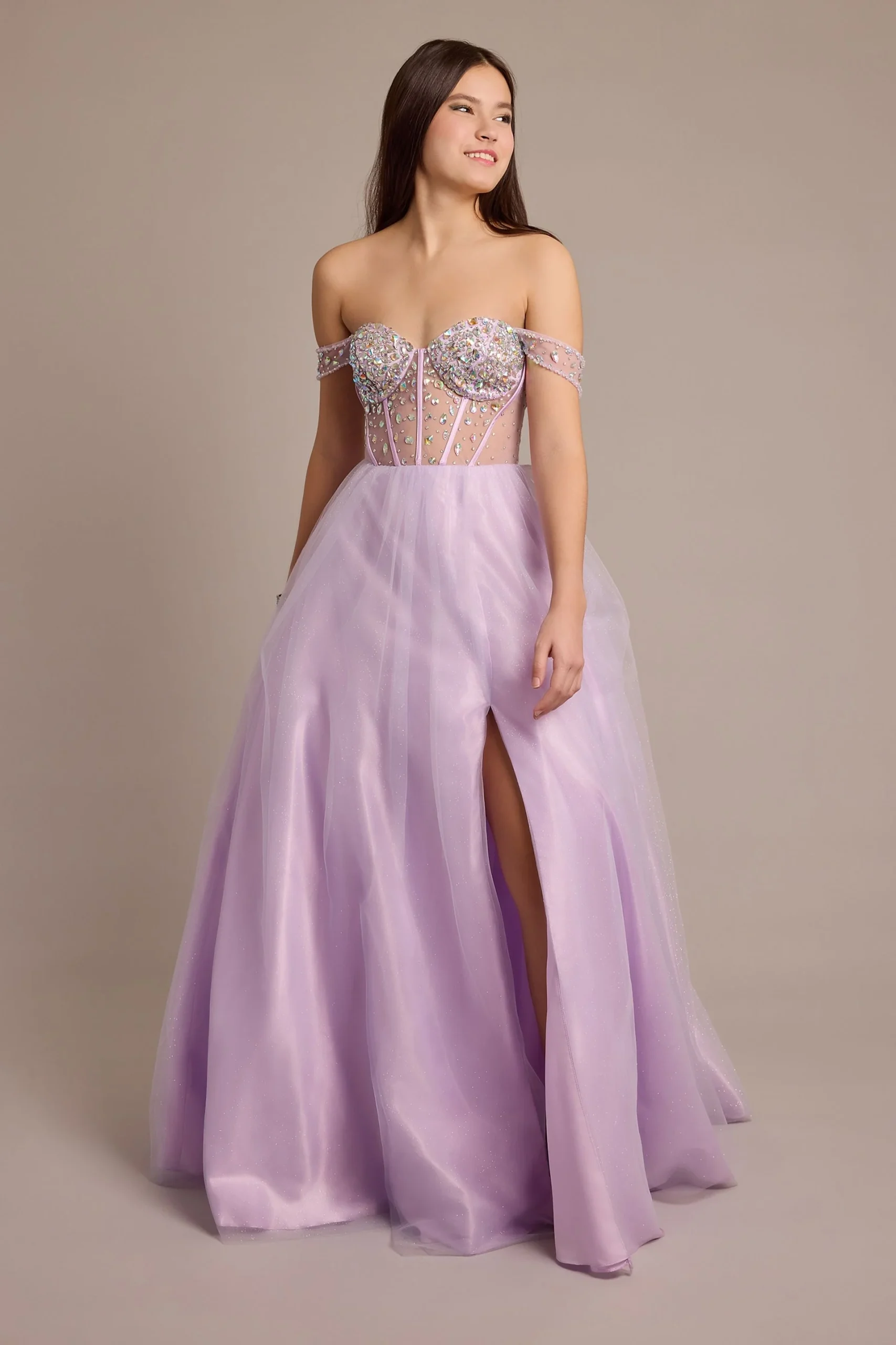 Off-the-Shoulder Illusion Encrusted Ball Gown