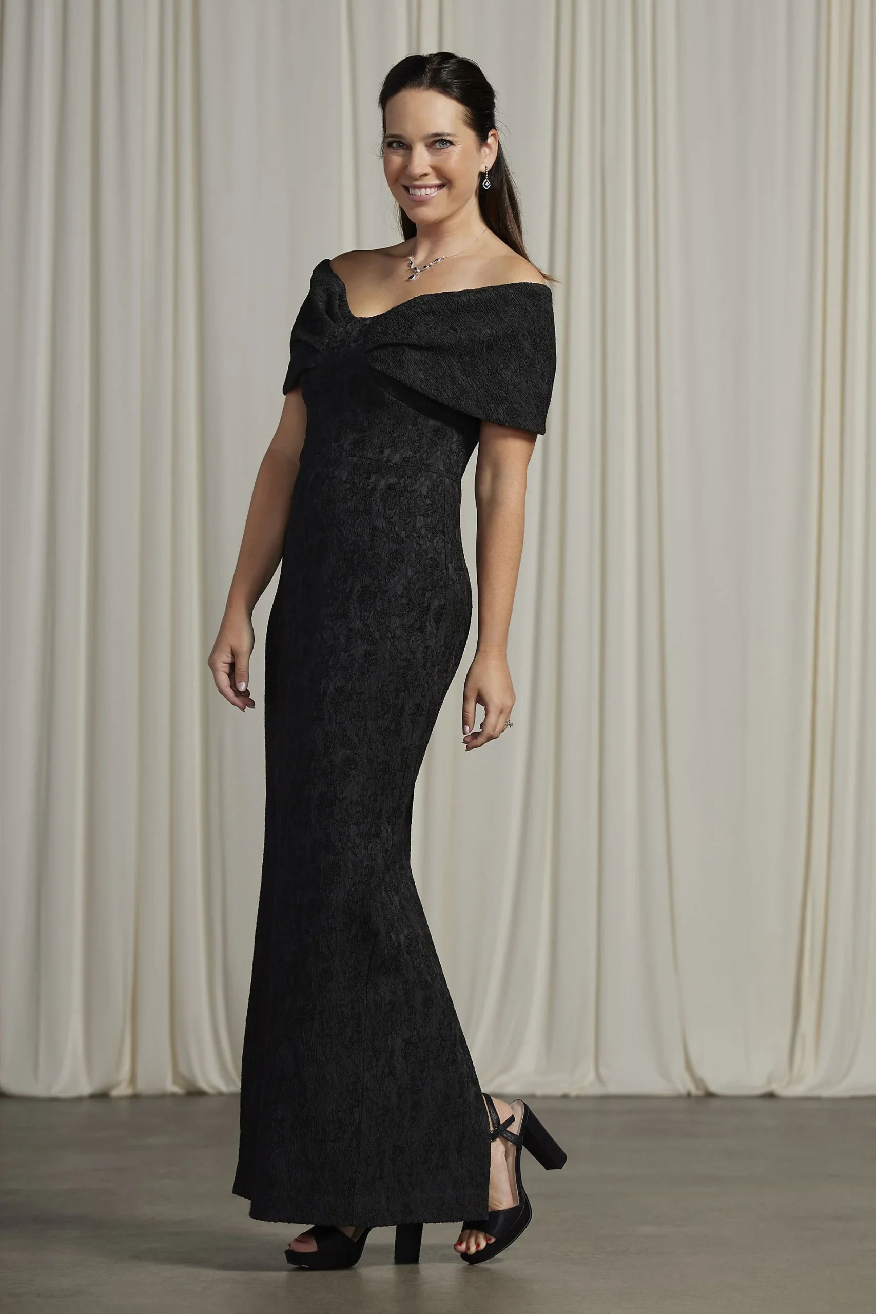 Off-the-Shoulder Jacquard Stretch Lace Gown