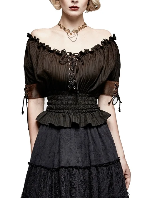 Off-Shoulder Lace-Up Collar Short Sleeve Flounce Hem Black Punk Jacquard Striped T-Shirt