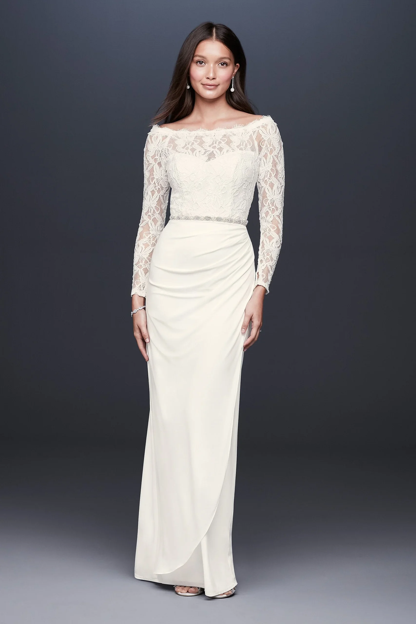 Off-the-Shoulder Long Sleeve Lace Draped Gow