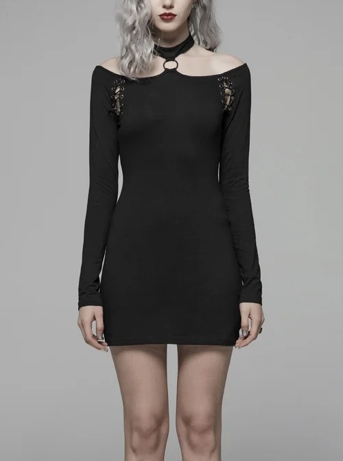 Off-Shoulder Long Sleeves Hollow-Out Eyelets Lace-Up Black Punk Tight Halter Dress