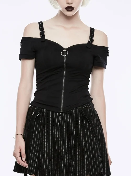 Off-Shoulder Metal Buckle Shoulder Strap Short Sleeve Black Punk Knit T-Shirt