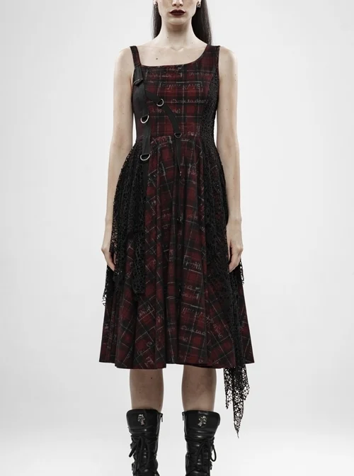 Off-Shoulder Metal Buckle Strap Metal D-Buckle Bandage Splice Irregular Dark Mesh Black And Red Plaid Punk Knit Dress
