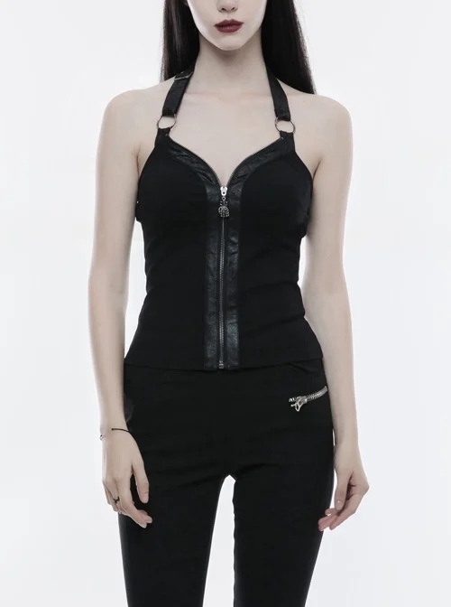 Off-Shoulder Metal Skull Zipper Metal Rings Leather Straps Black Punk Knit Vest
