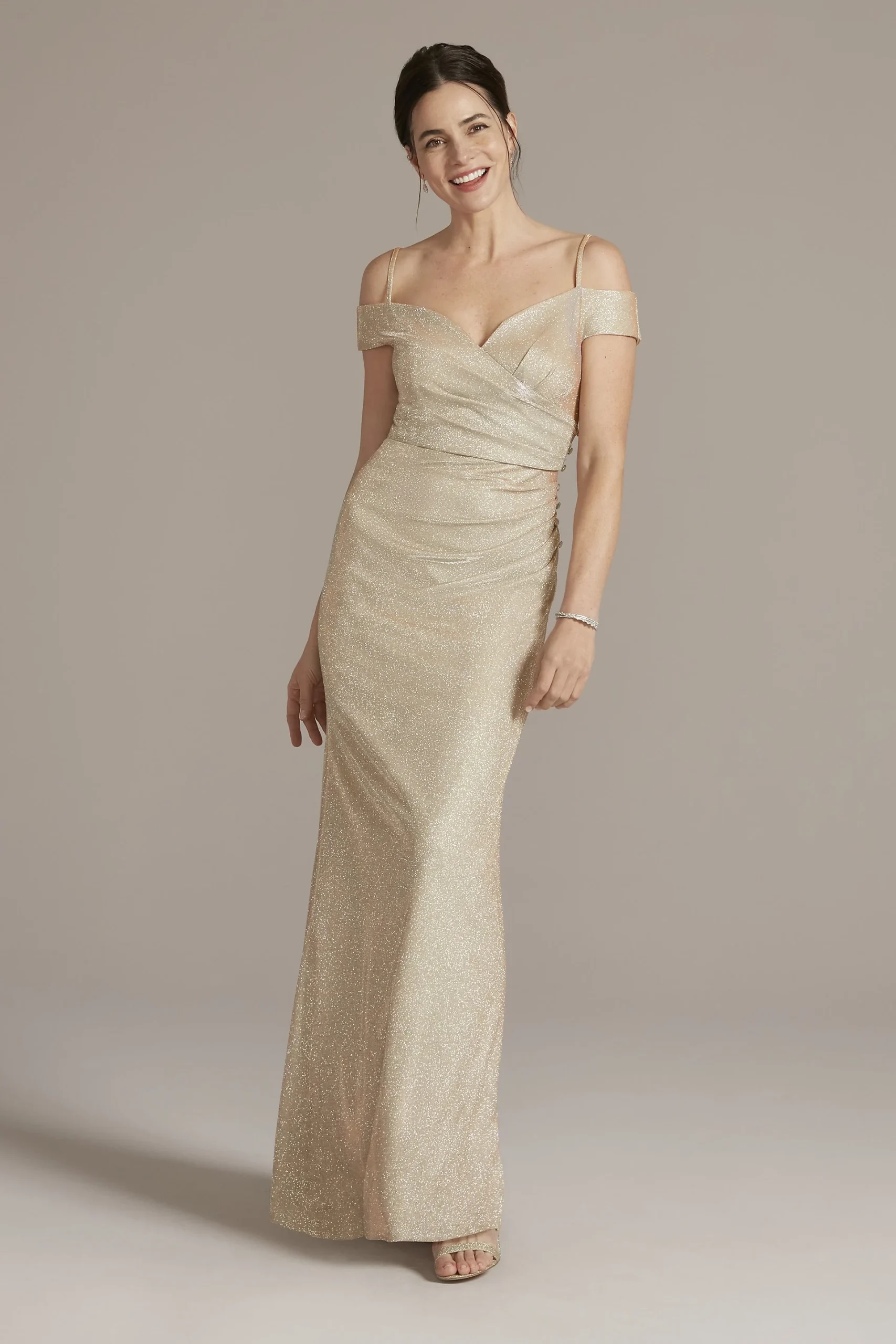 Off-the-Shoulder Metallic Sheath Gown