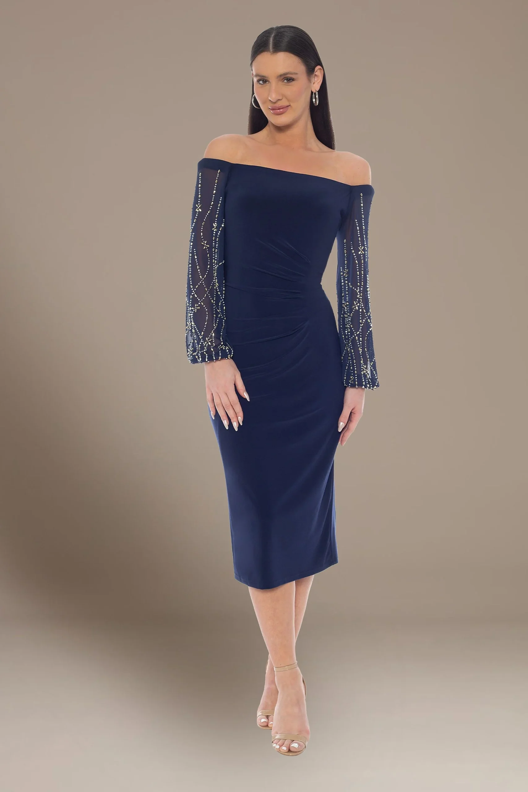 Off-the-Shoulder Midi Dress with Beaded Sleeves