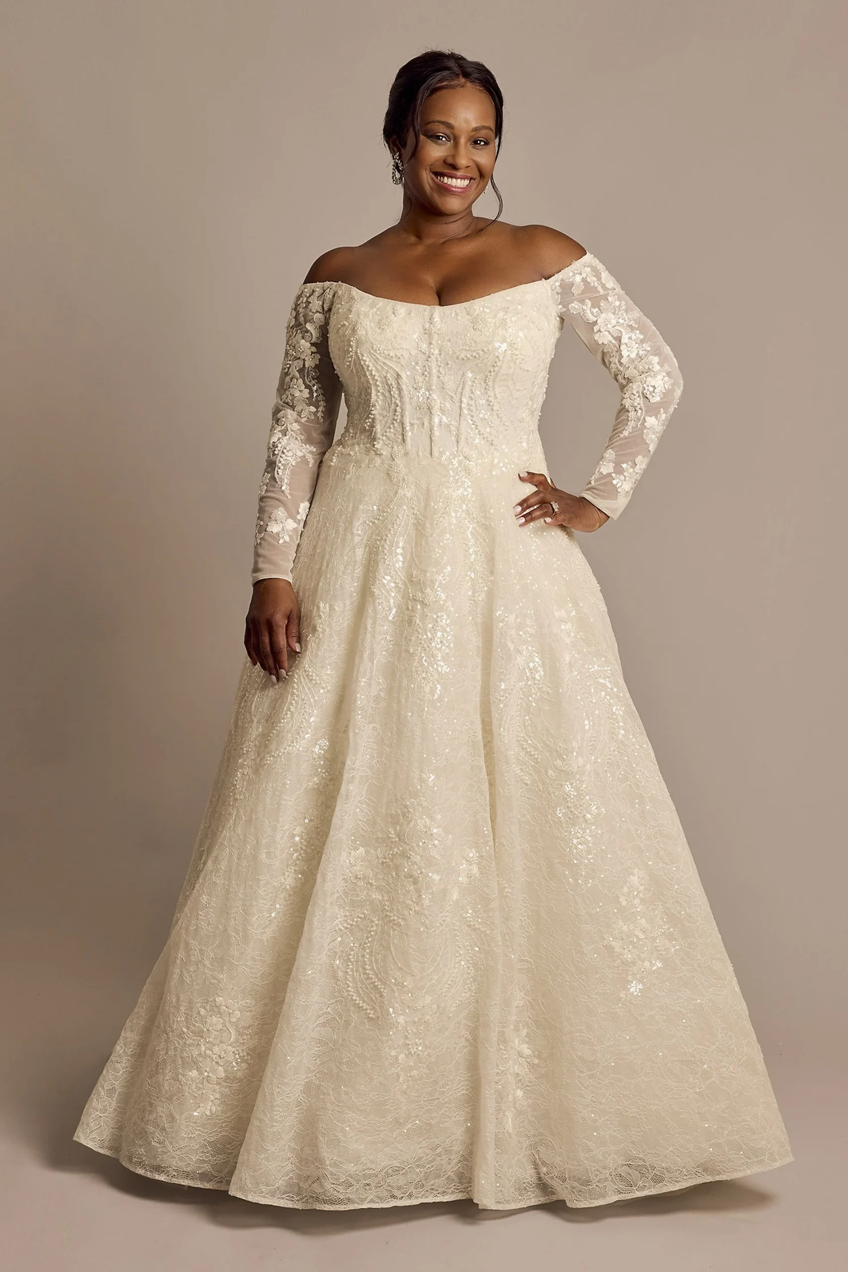 Off-the-Shoulder Pearl Beaded Lace Wedding Dress