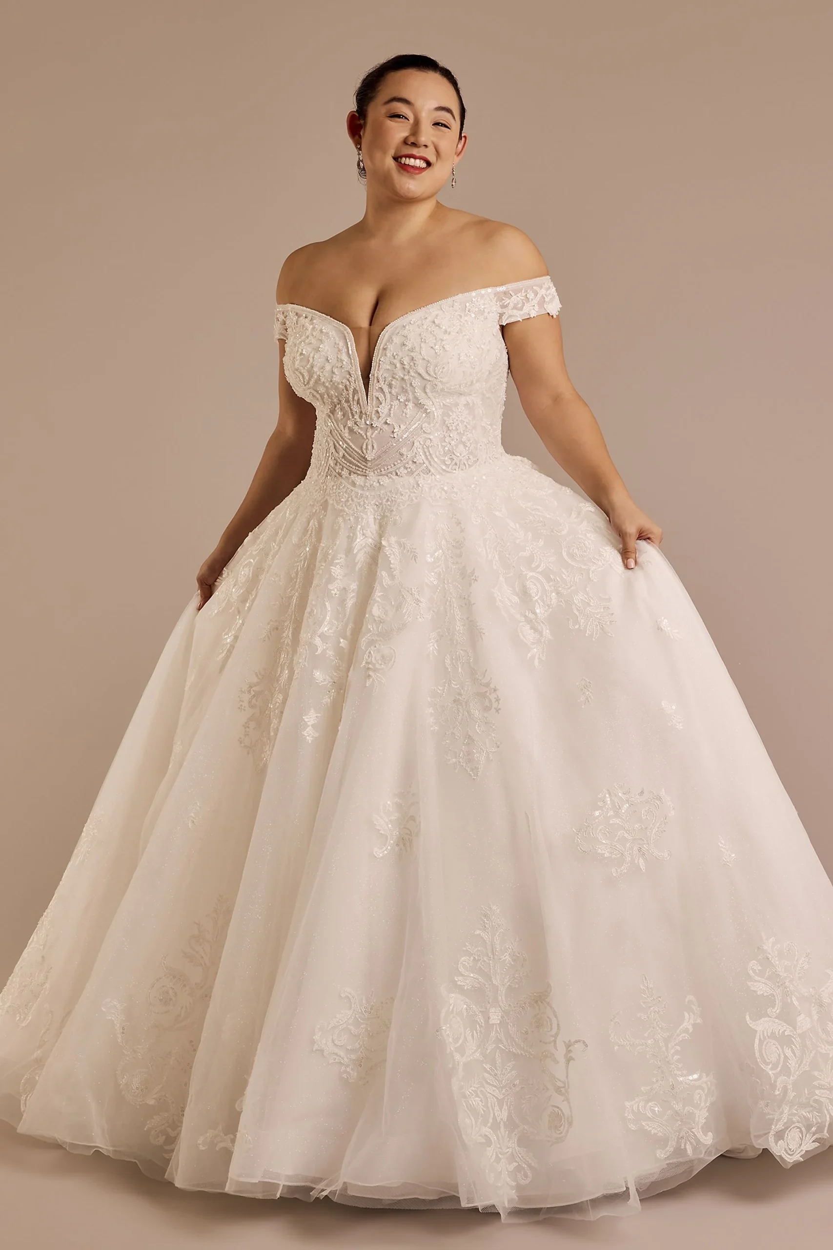 Off-the-Shoulder Plunge Ball Gown Wedding Dress