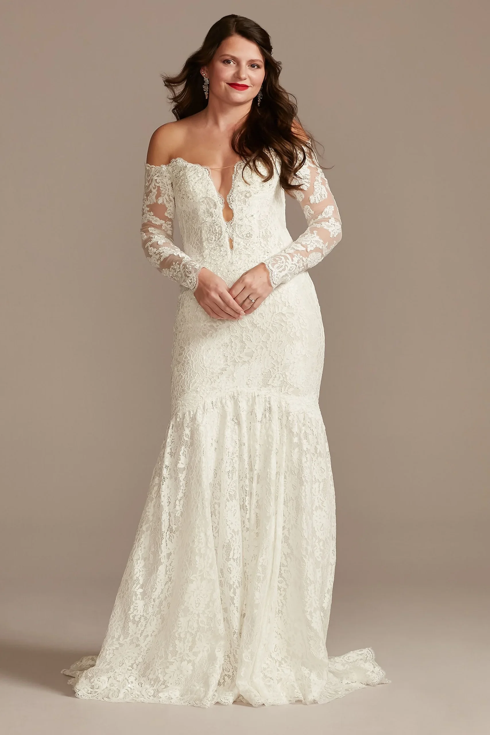 Off Shoulder Plunging Illusion Lace Wedding Dress