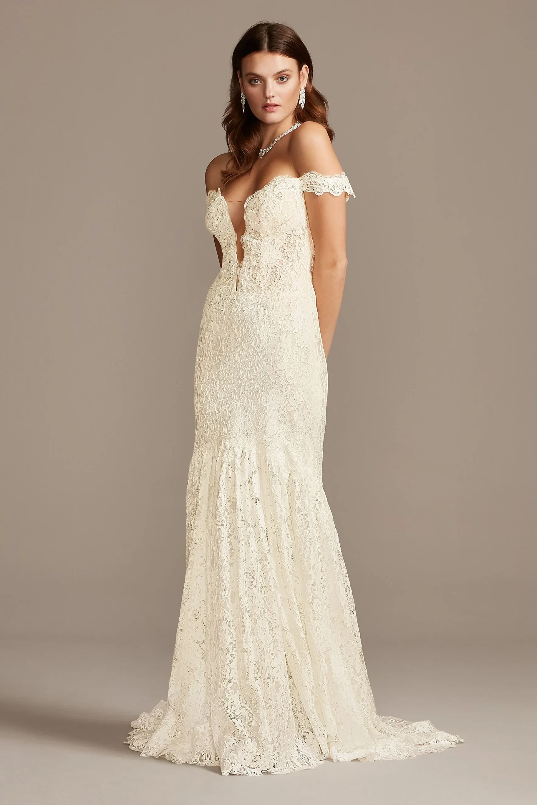 Off Shoulder Plunging Lace Wedding Dress