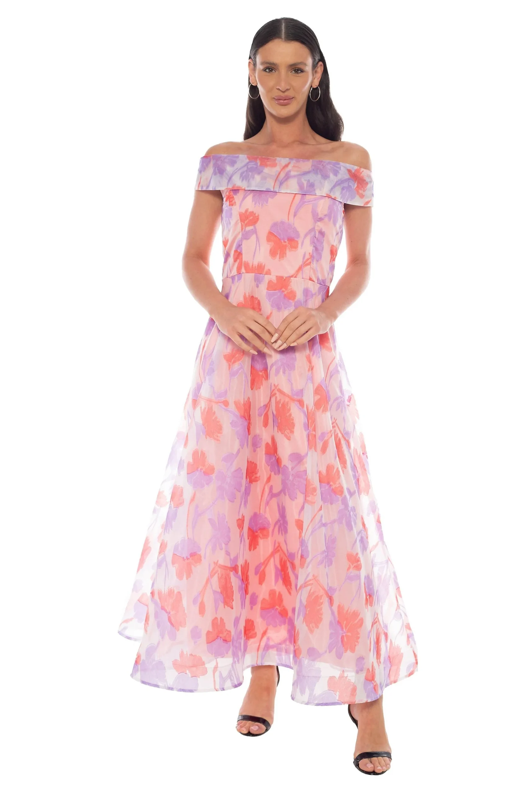 Off Shoulder Printed Organza Gown