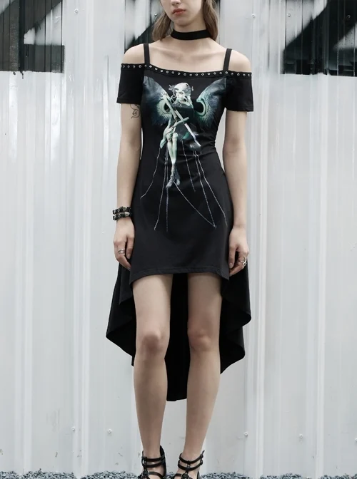 Off-Shoulder Rivet Ribbon Front Chest Print Irregular Hem Black Punk Dress