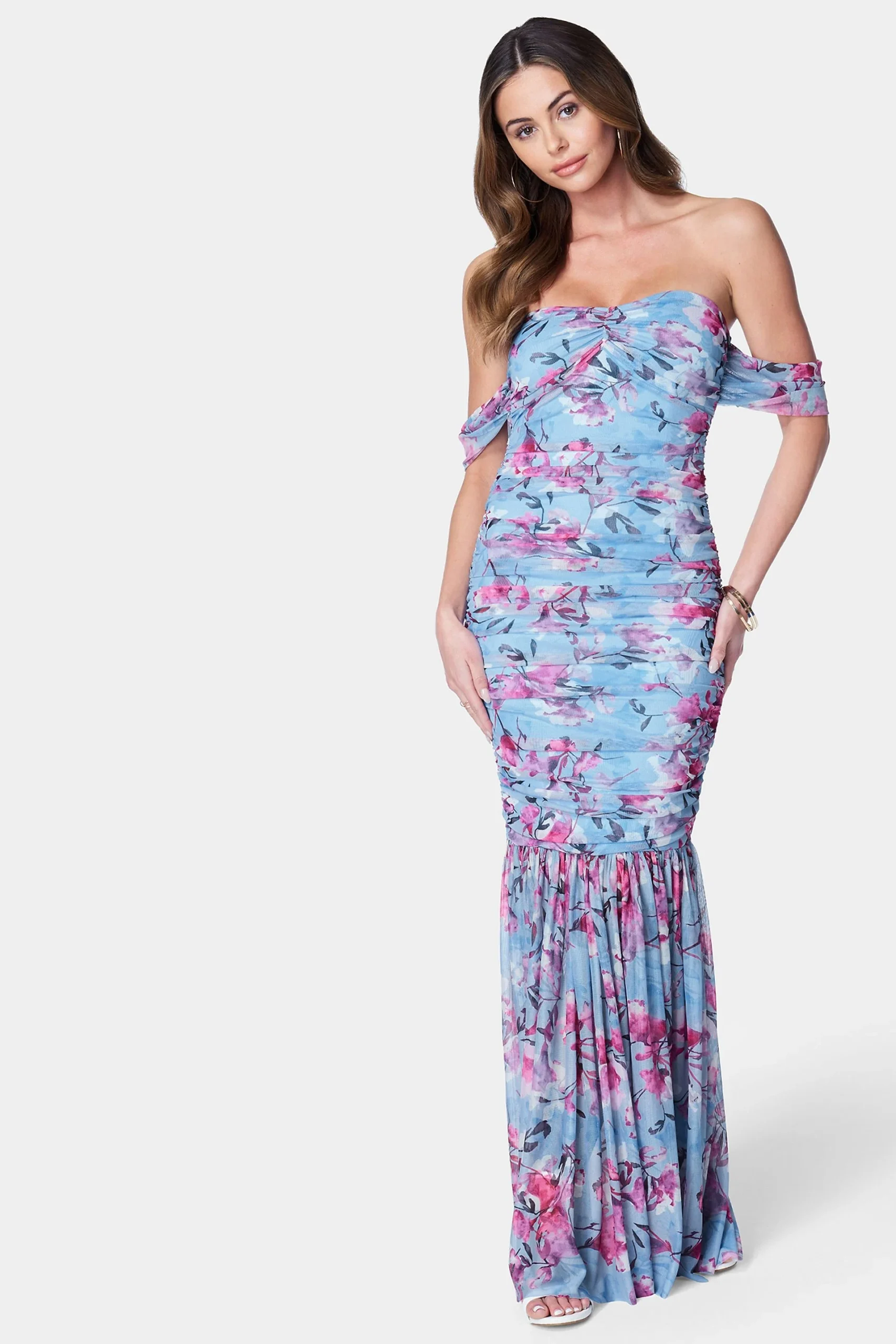 Off-the-Shoulder Ruched Mesh Gown