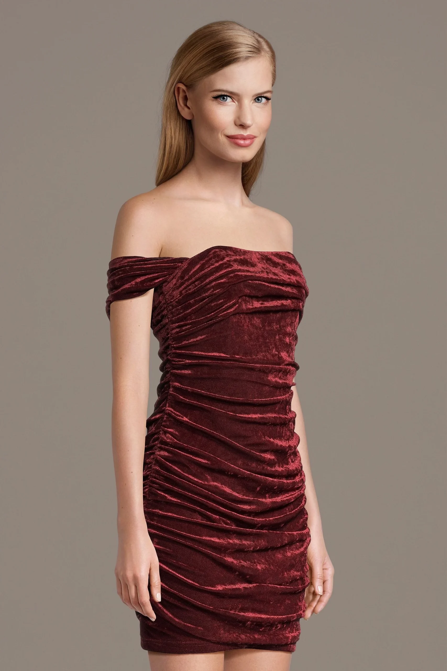 Off-the-Shoulder Ruched Velvet Mini Dress