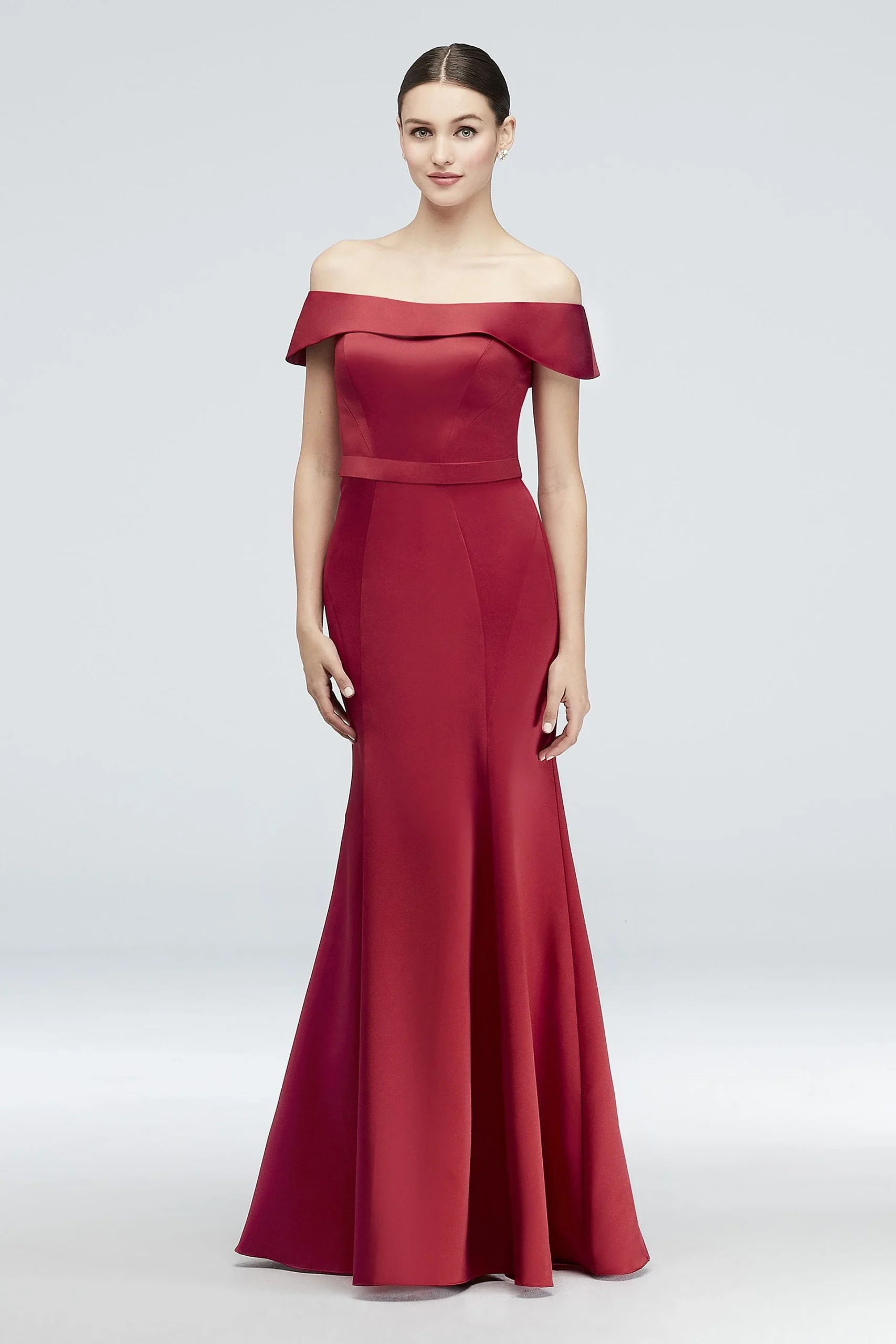 Off-the-Shoulder Satin Gown with Tulle Flounce