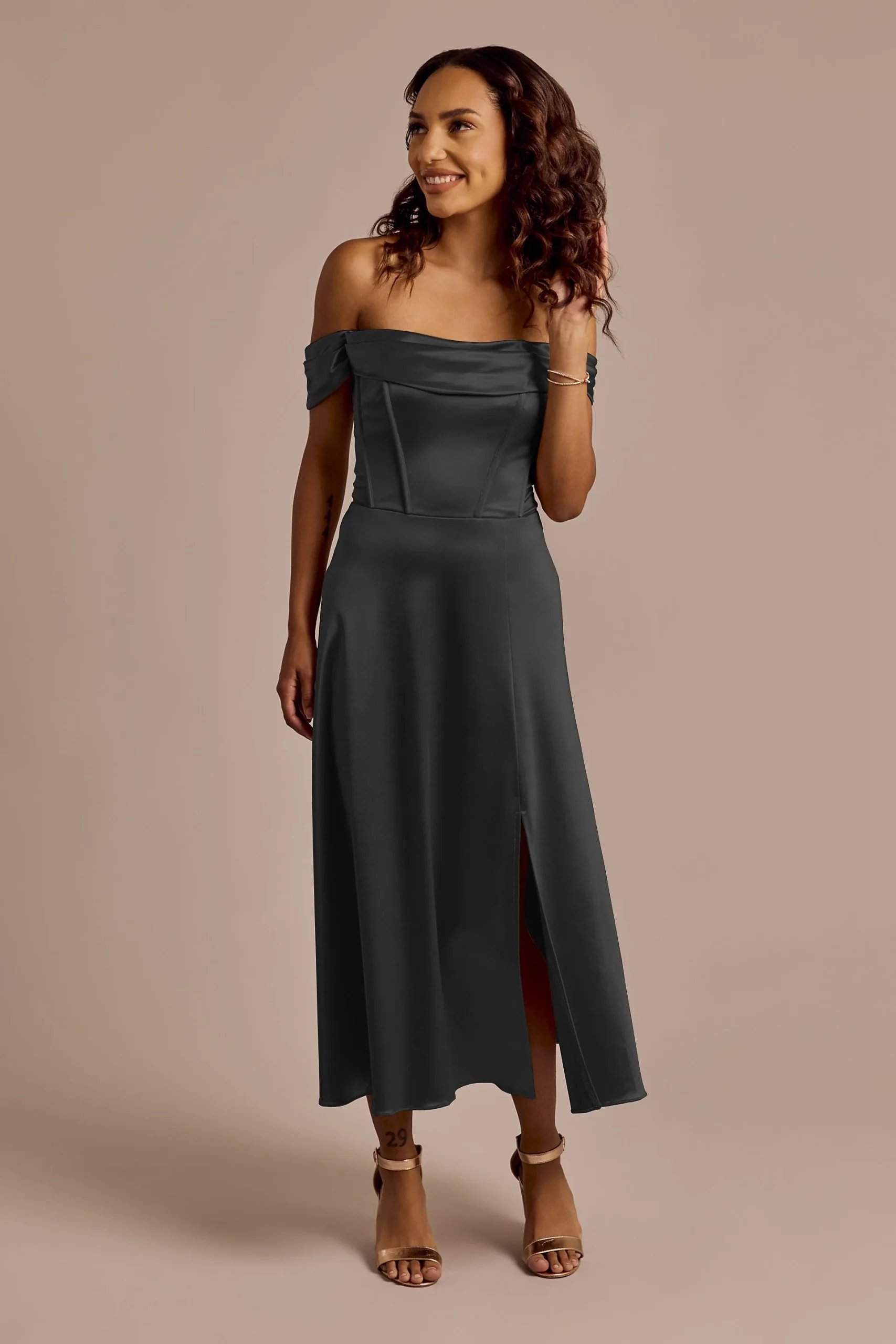 Off-the-Shoulder Sculpting Satin Midi Dress