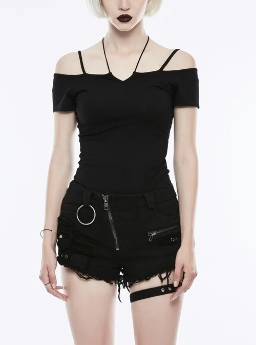 Off-Shoulder Short Sleeve Black Punk Knit Halter Slim T-Shirt