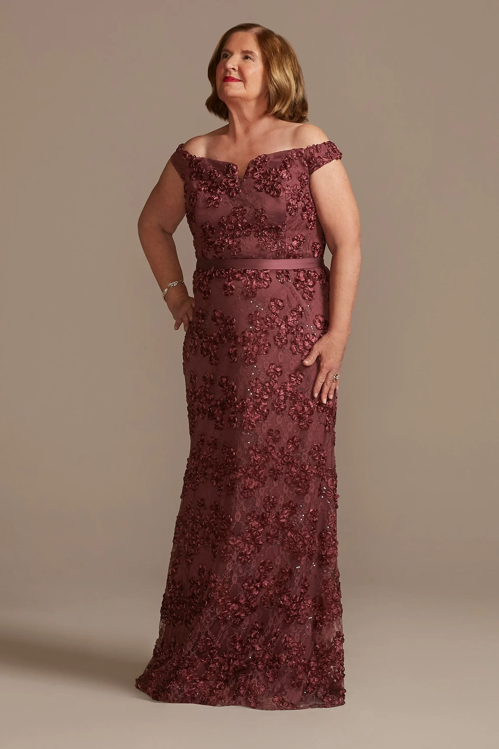 Off-the-Shoulder Sparkle Applique Sheath Gown