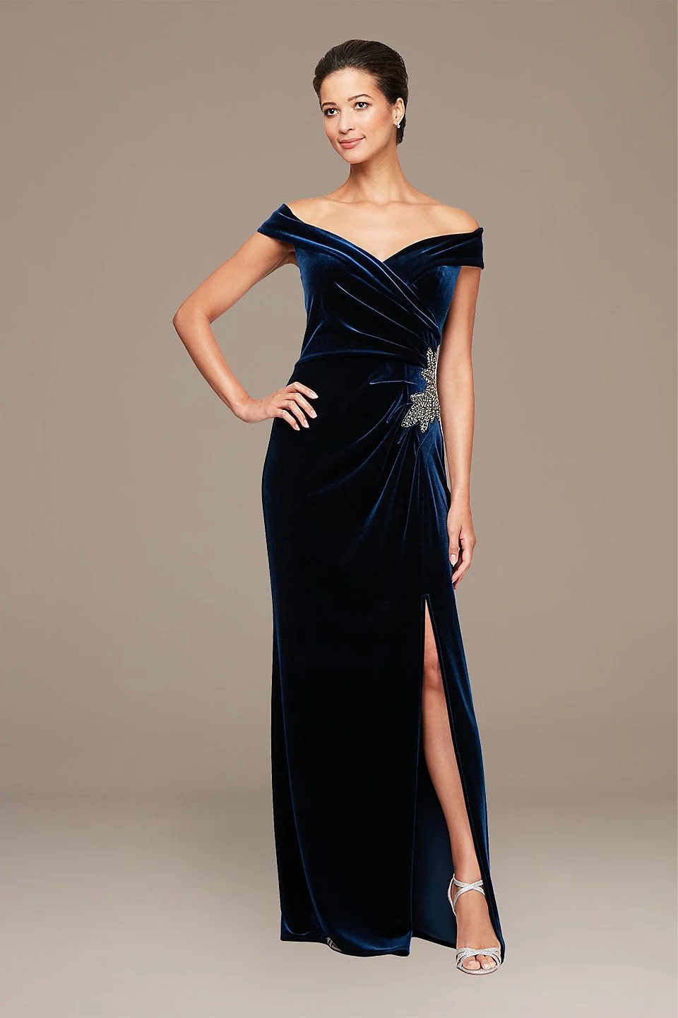Off-the-Shoulder Velvet Dress with Embellishment