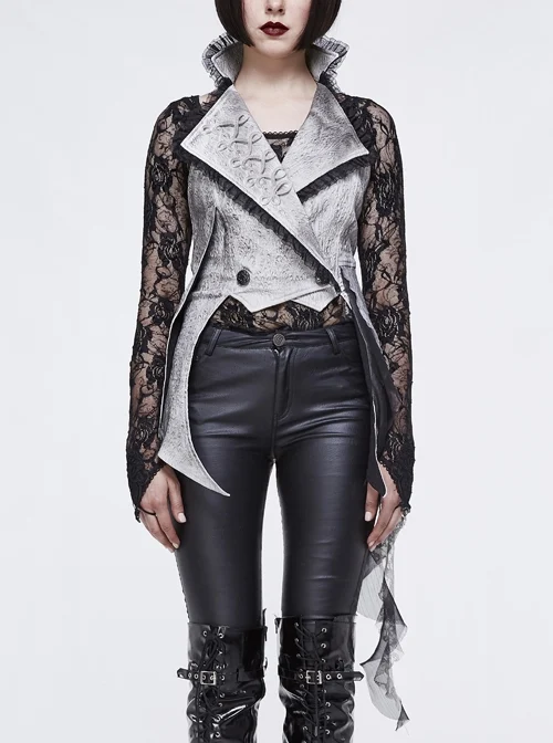 Off White Painted Back Lace-Up Asymmetrical Lace Hem Gothic Waistcoat
