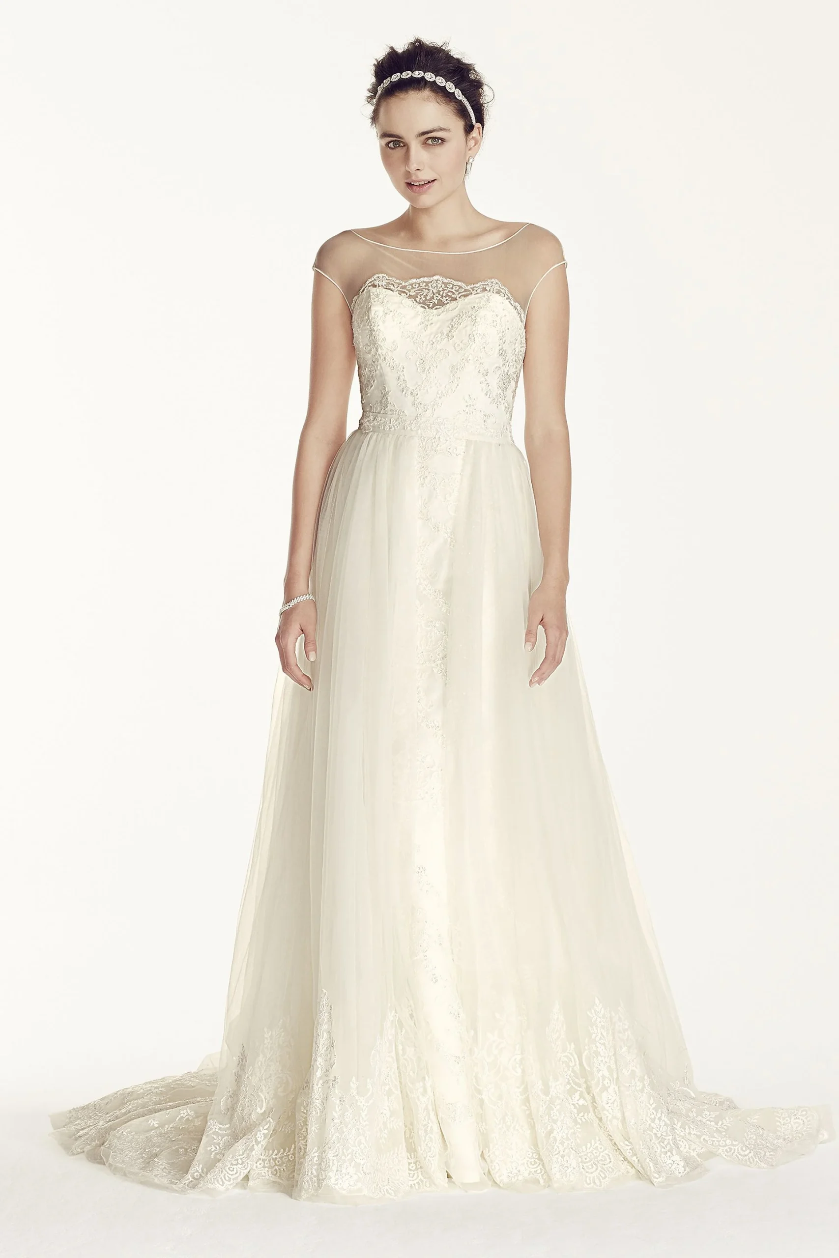 Oleg Cassini Cap Sleeve Tulle A-line Wedding Dress