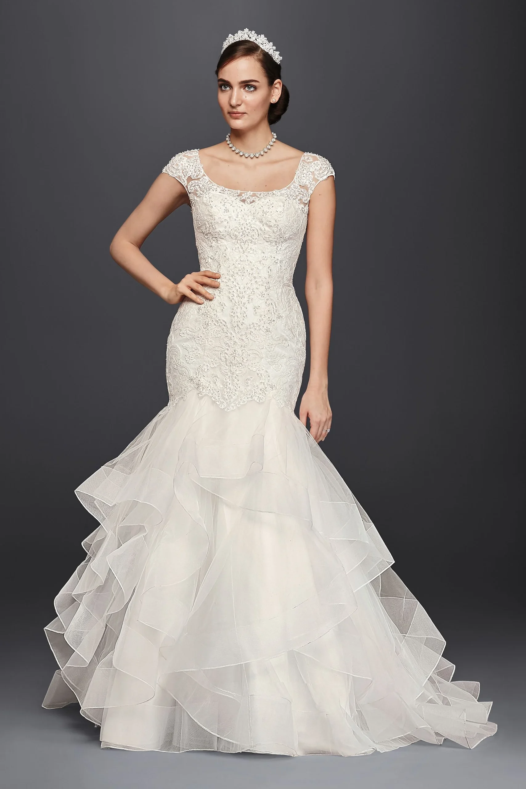 Oleg Cassini Lace Cap-Sleeve Trumpet Wedding Dress