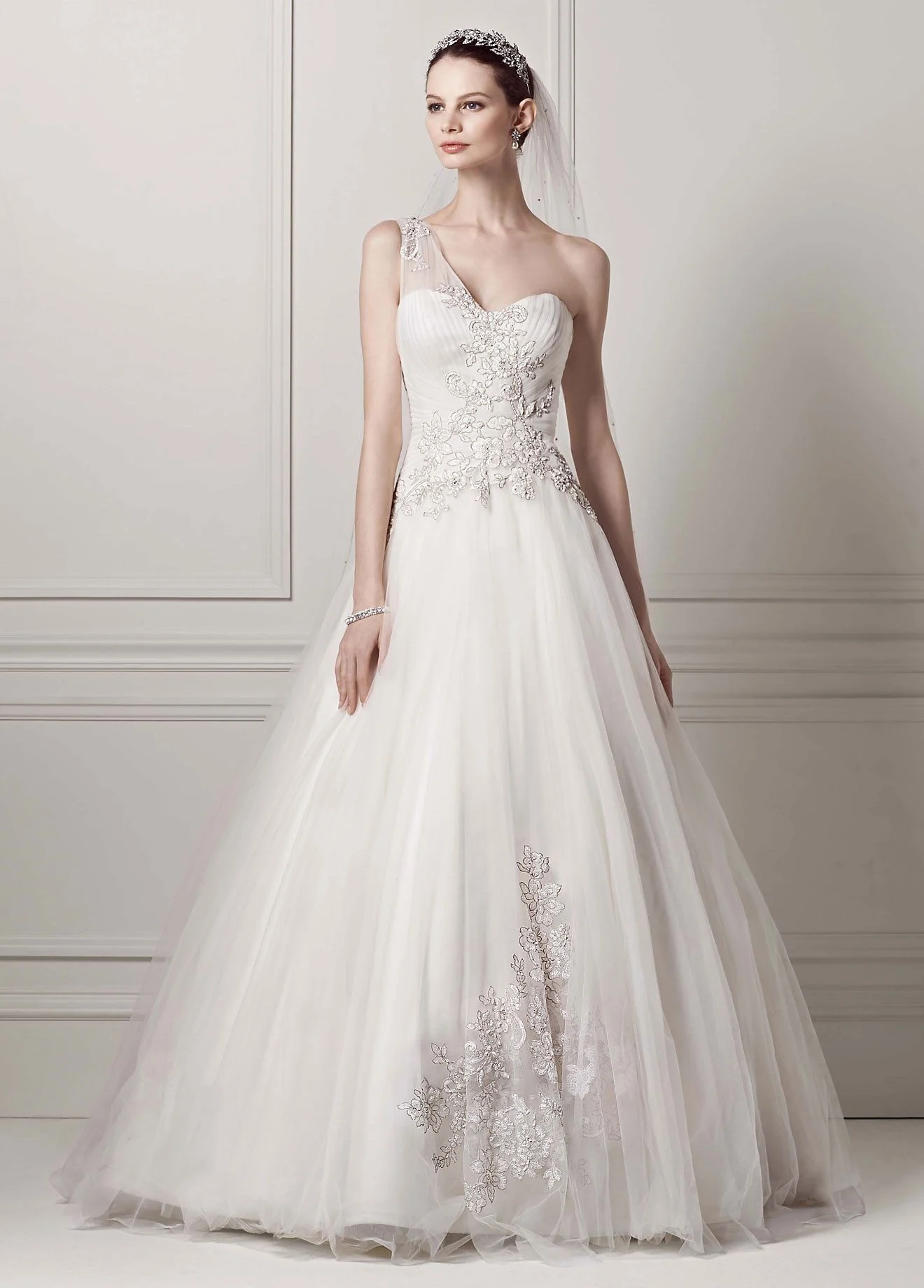 Oleg Cassini One Shoulder Tulle Wedding Dress