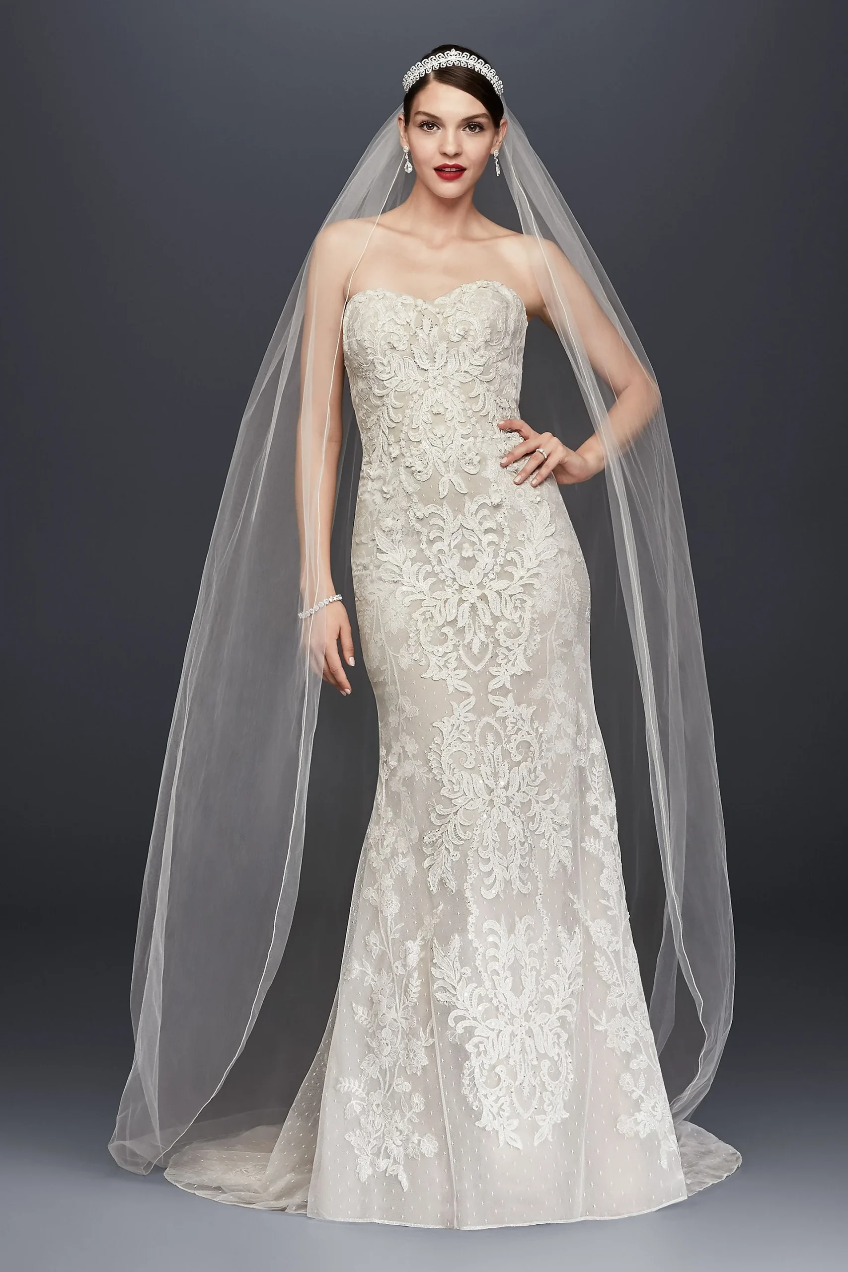 Oleg Cassini Strapless Lace Sheath Wedding Dress