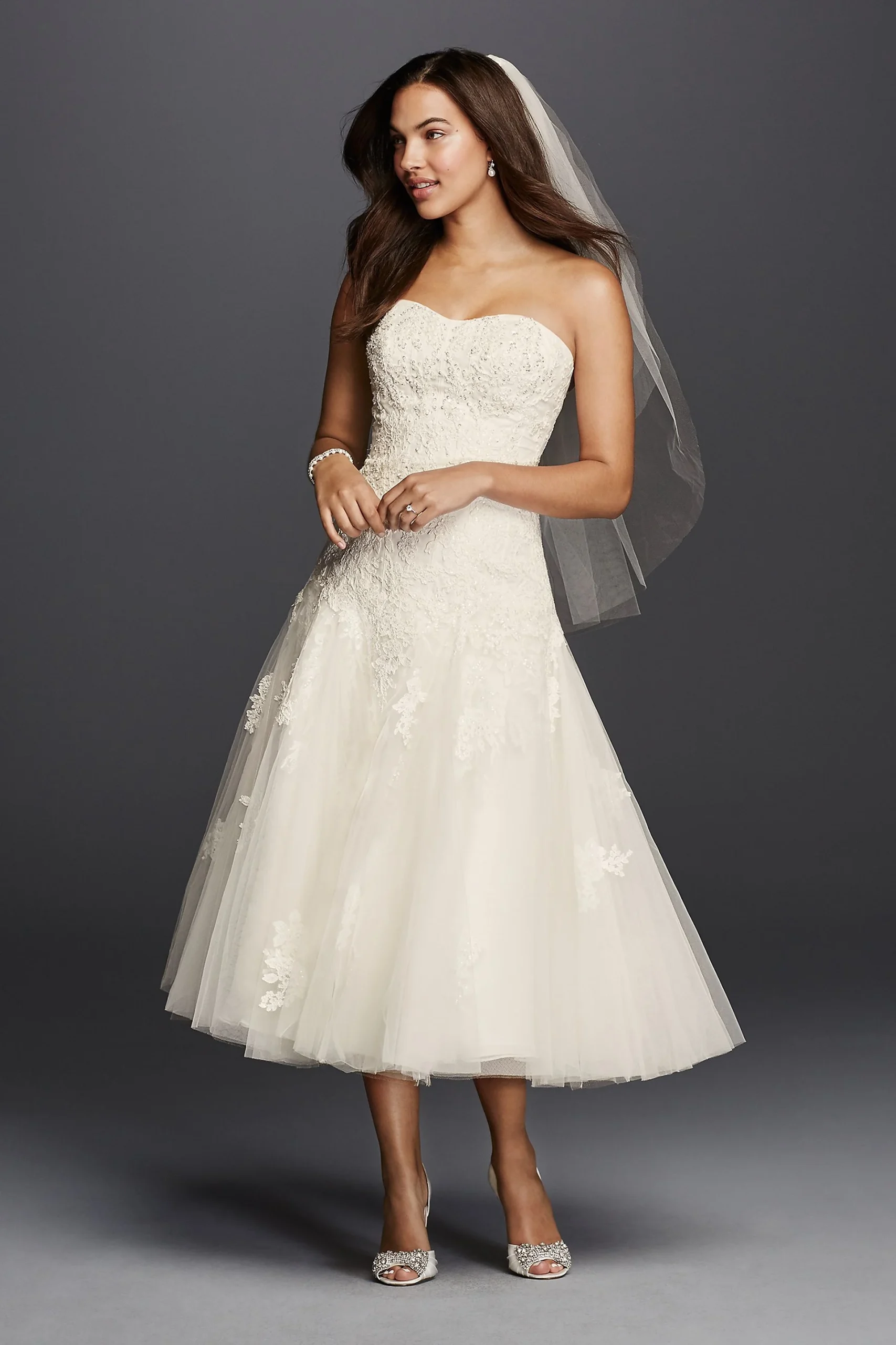Oleg Cassini Tea Length Wedding Dress with Lace