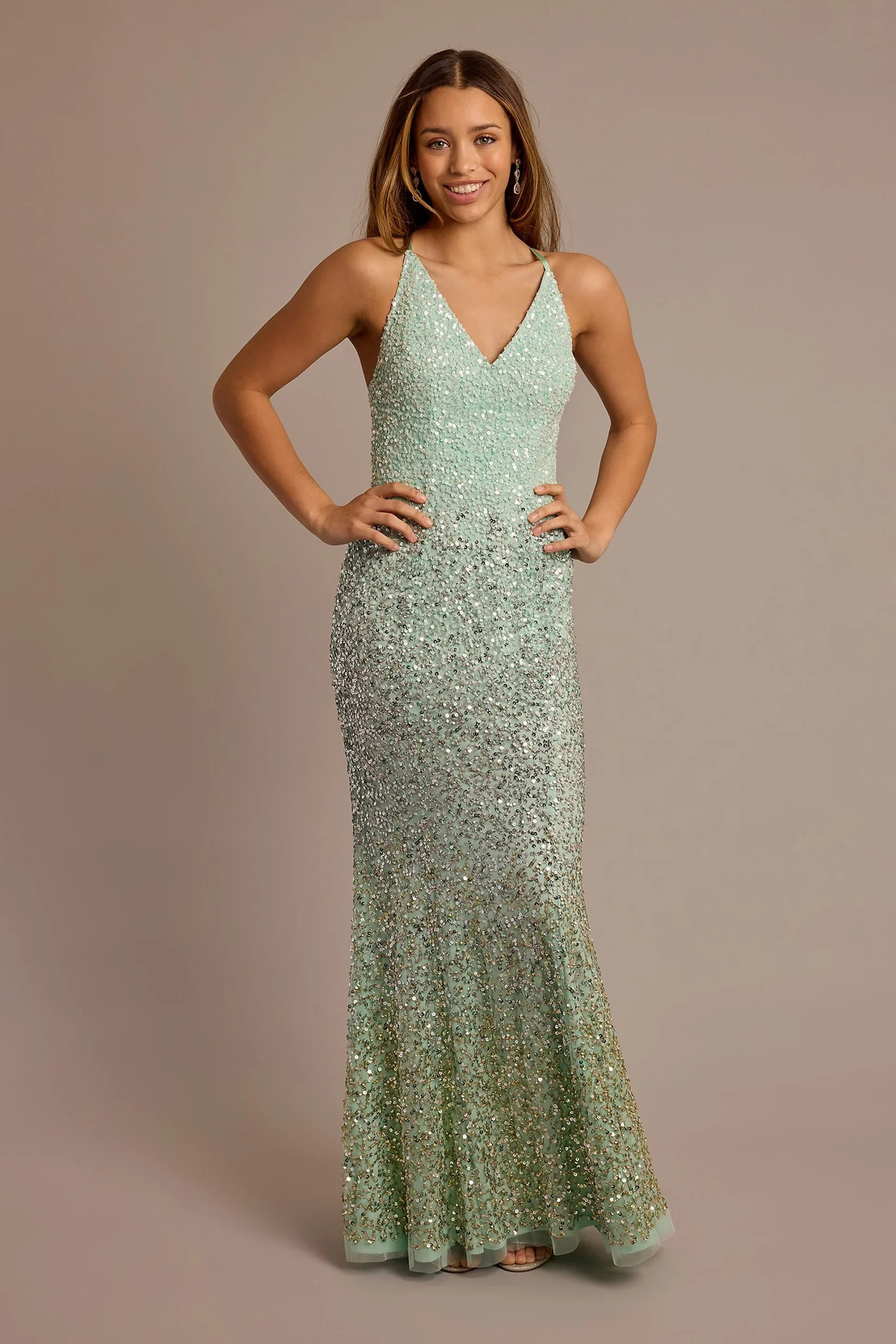 Ombre Beaded V-Neck Sheath Dress