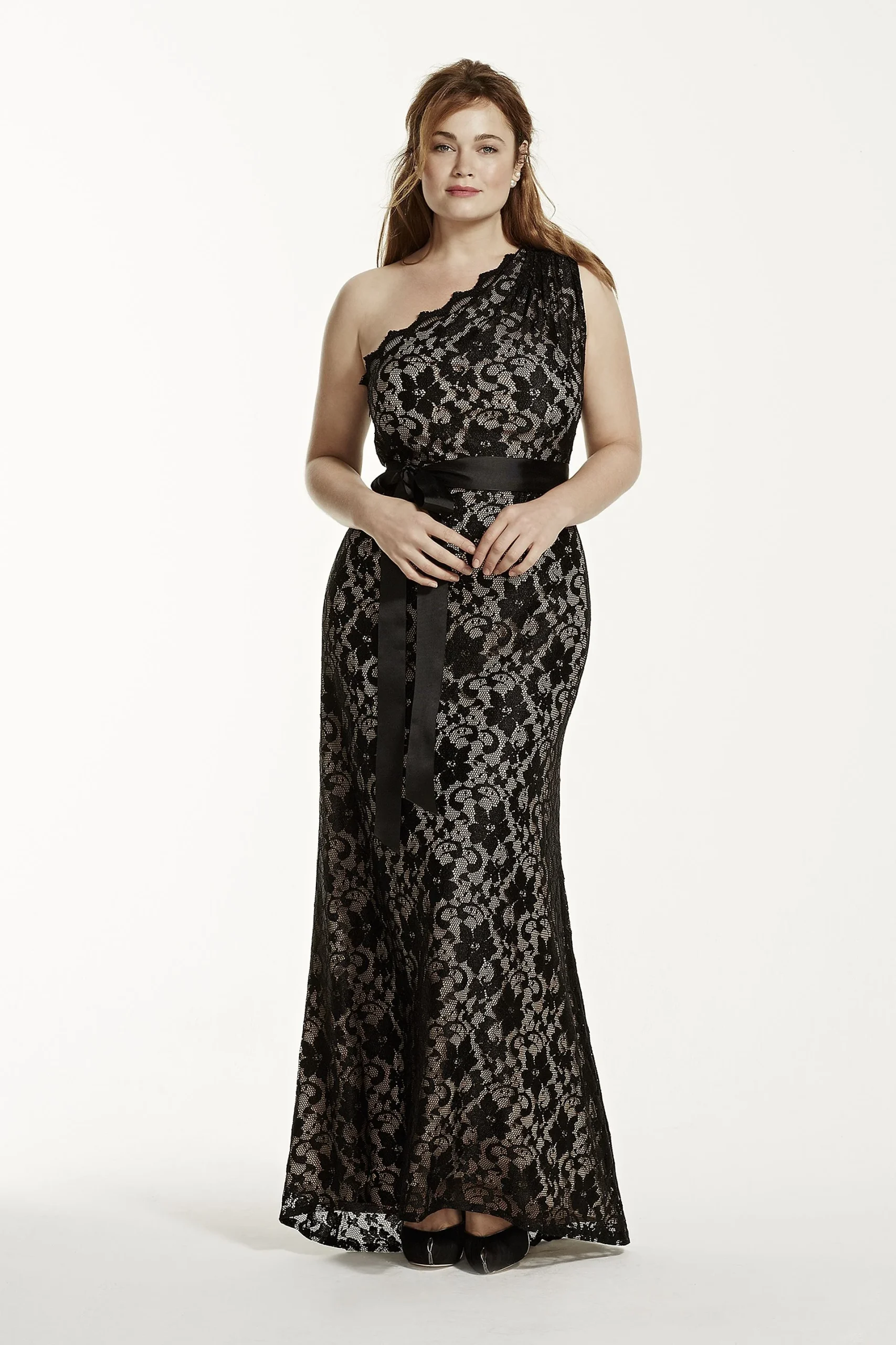 One Shoulder All Over Lace Dress with Ribbon
