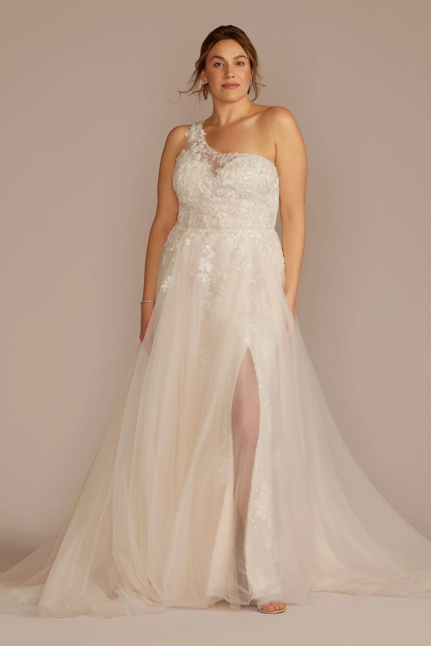 One-Shoulder Beaded Wedding Dress with Overskirt