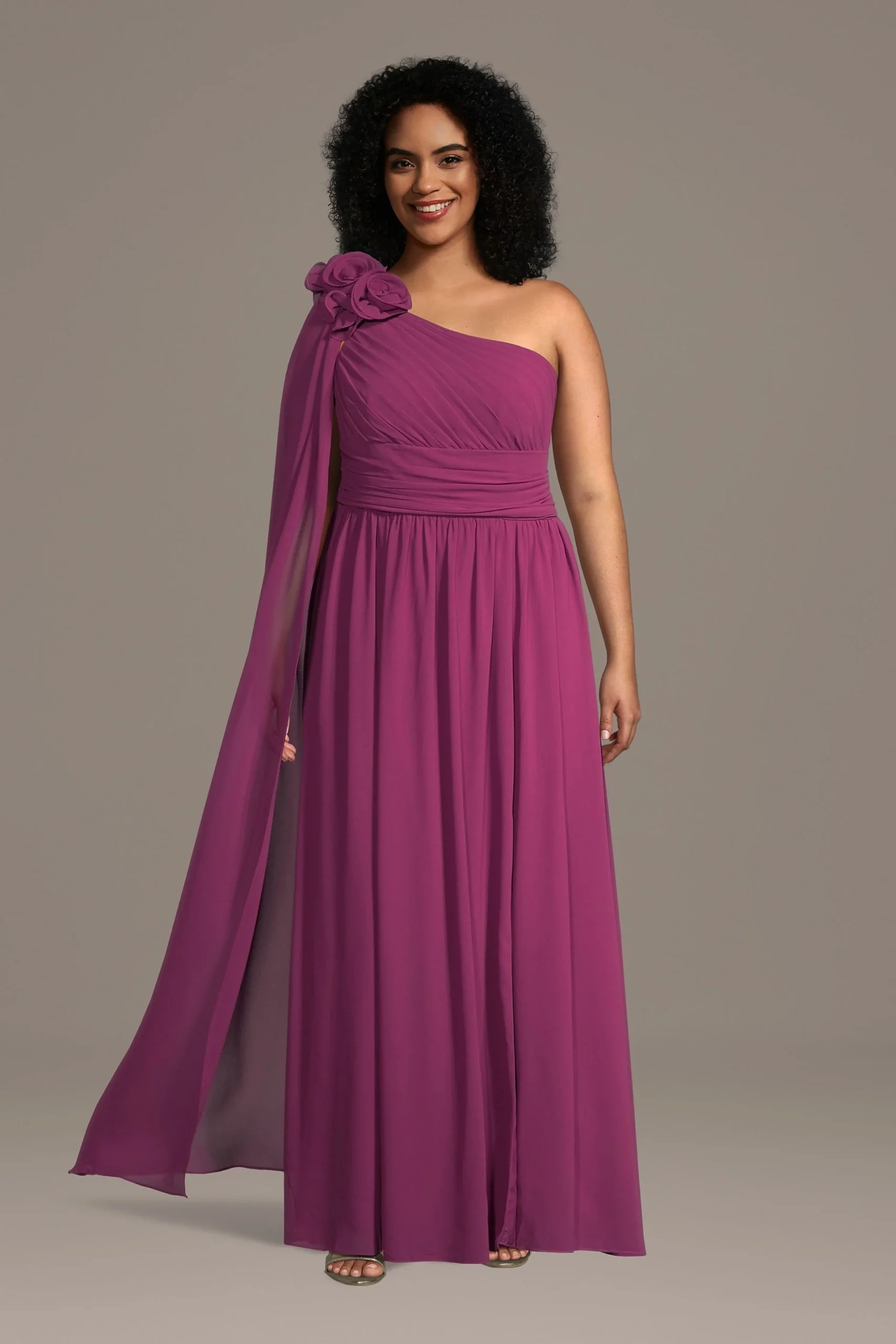One-Shoulder Chiffon Gown with Streamer
