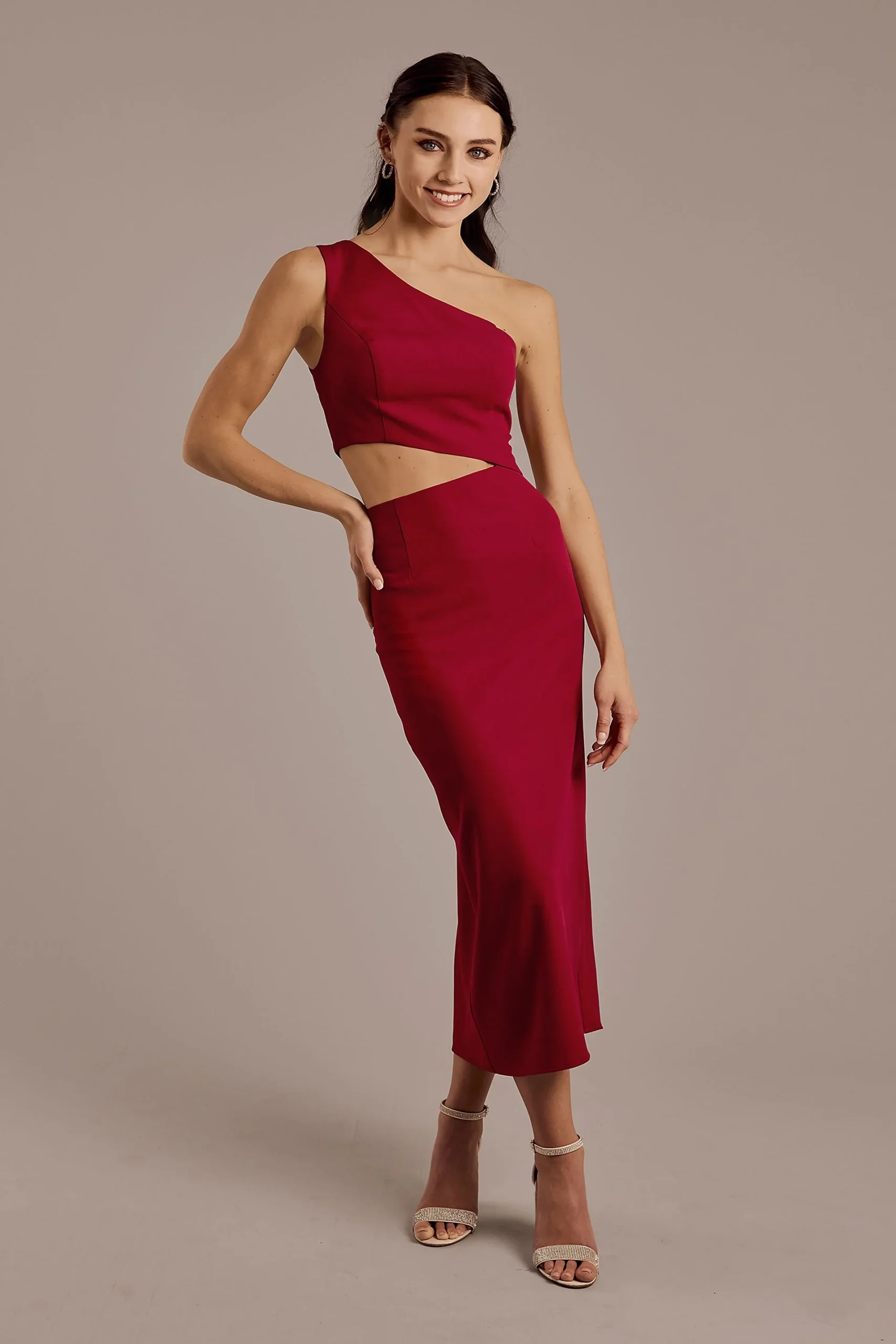 One-Shoulder Crepe Cutout Midi Sheath Dress
