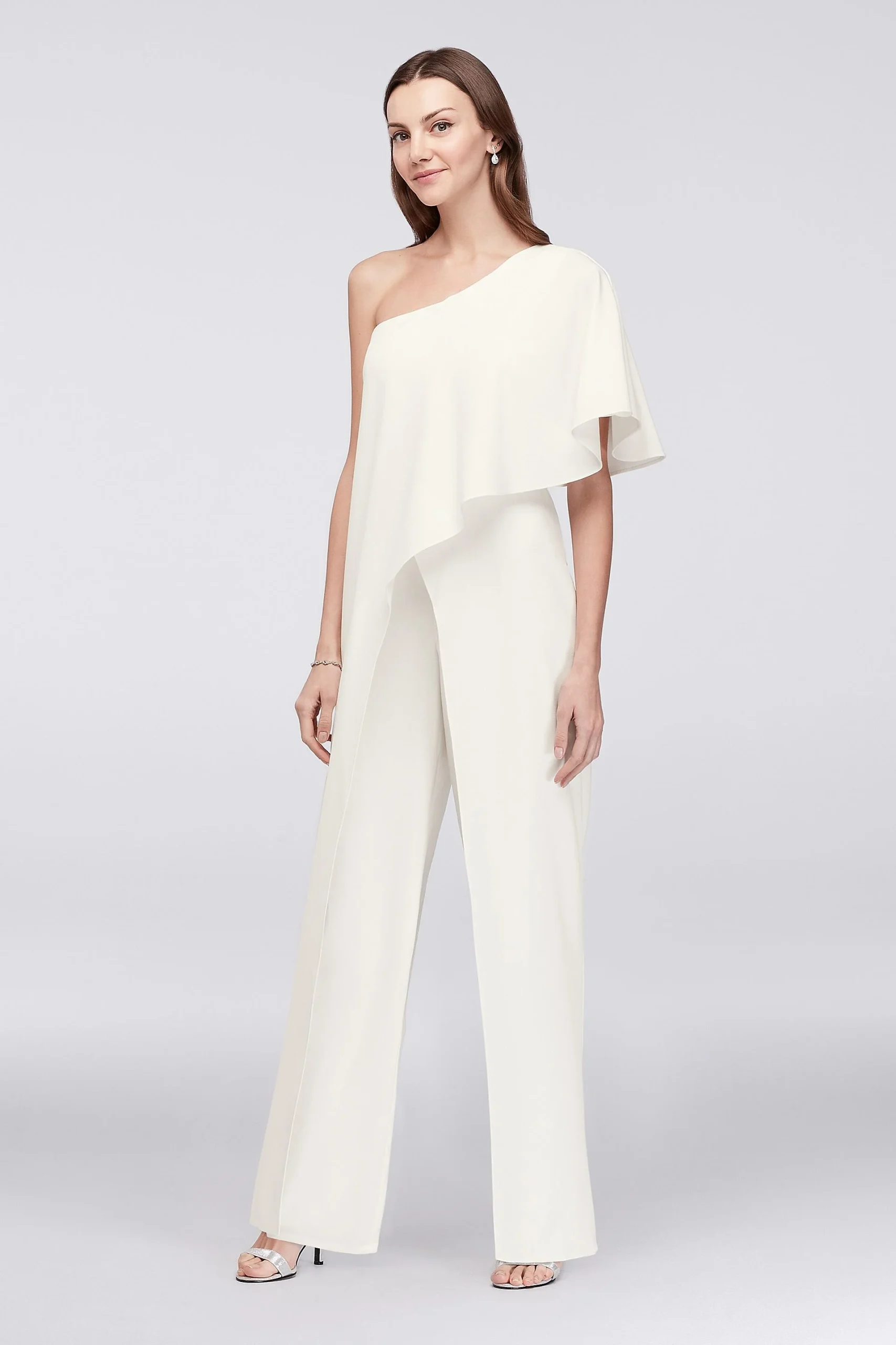 One-Shoulder Crepe Jumpsuit with Cascading Flounce