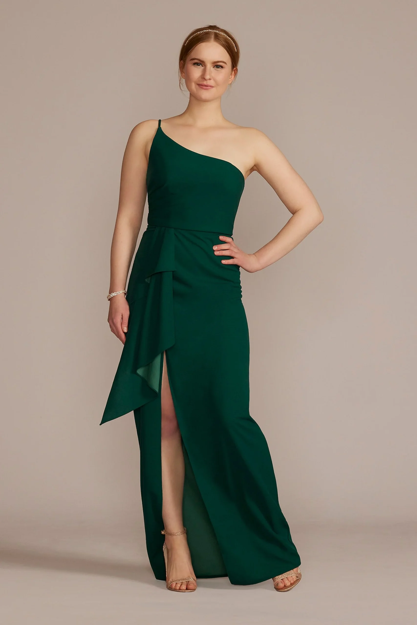 One-Shoulder Crepe Sheath with Cascade Ruffle