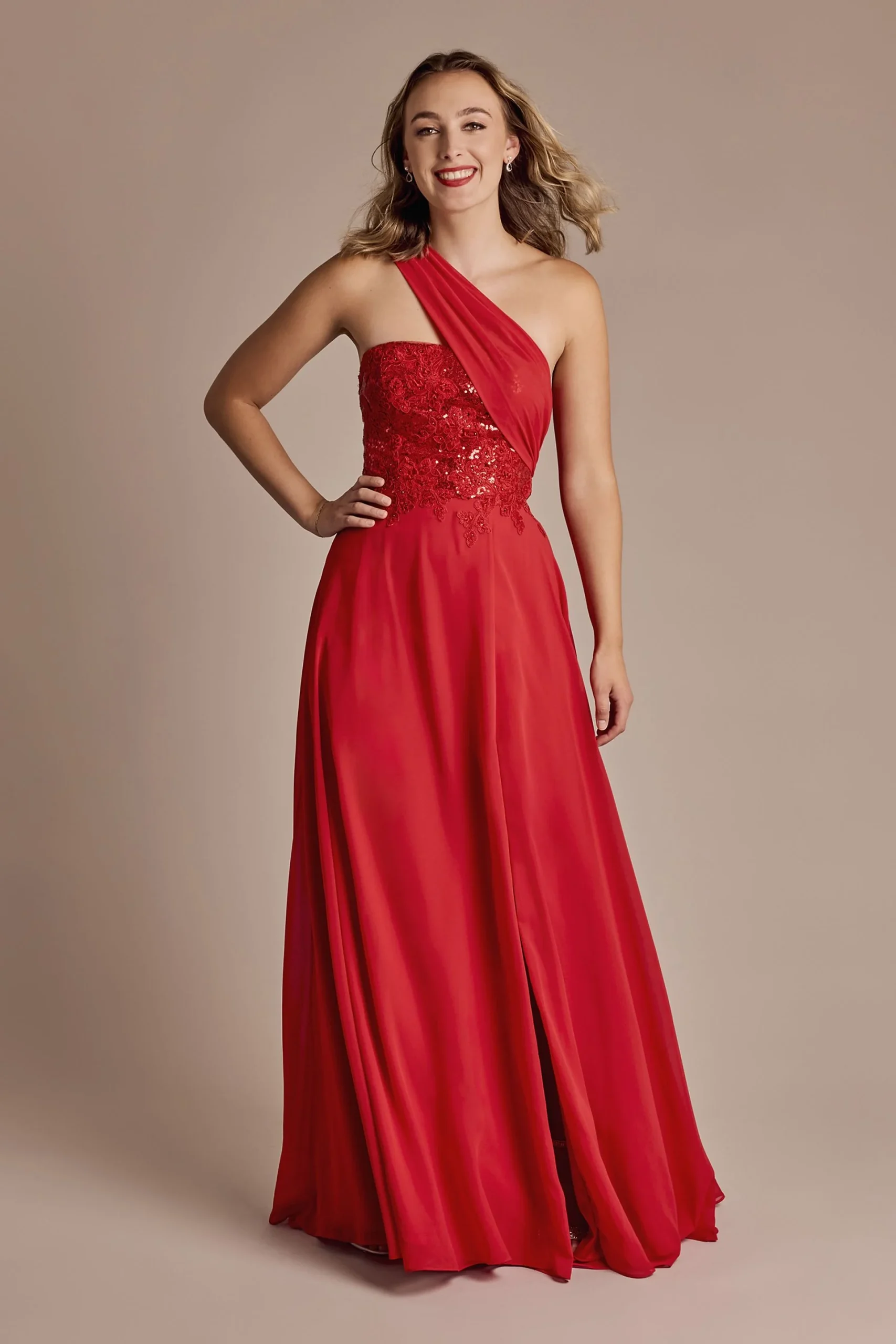 One-Shoulder Draped Chiffon Sequin Bodice Dress