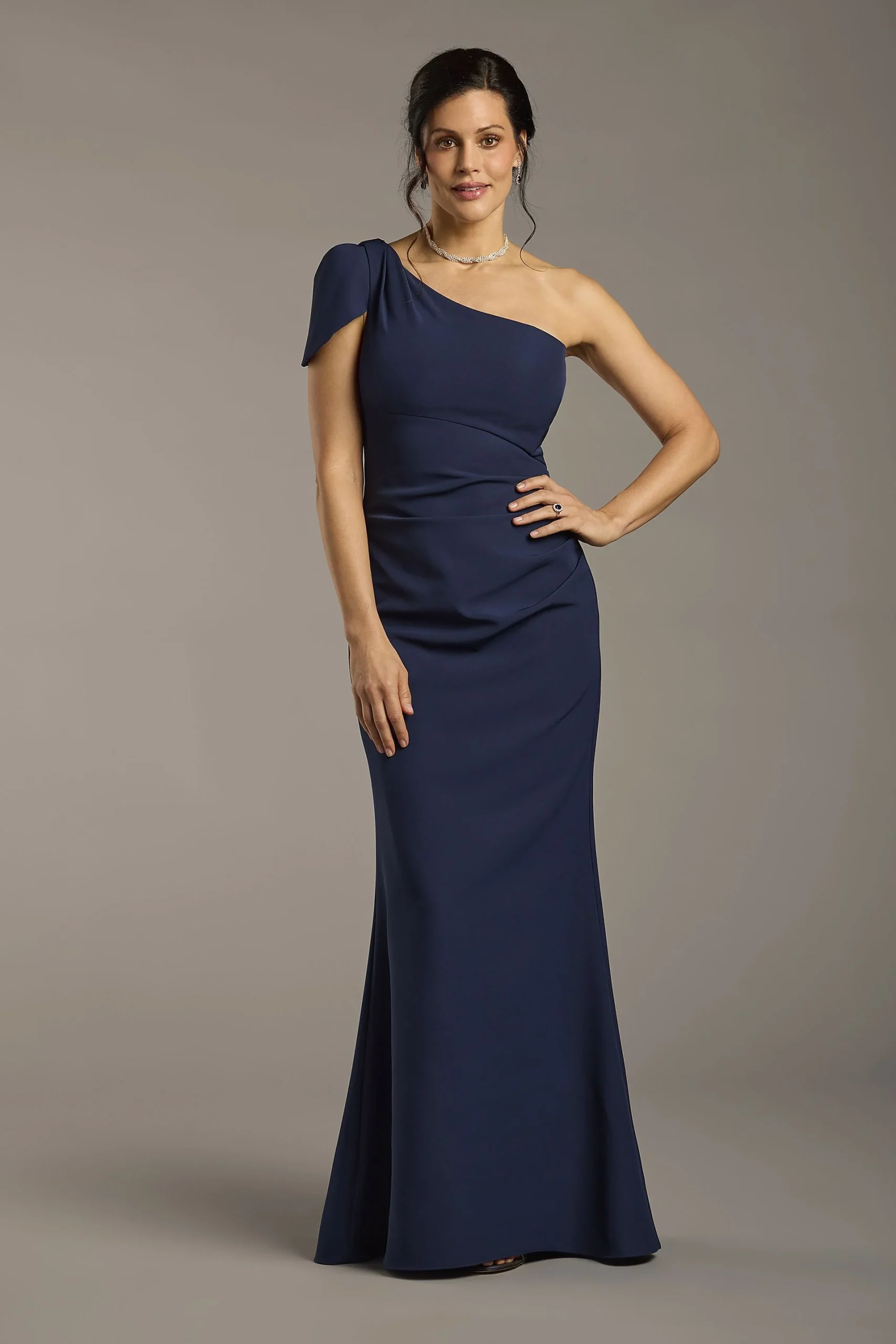 One-Shoulder Draped Crepe Sheath Dress
