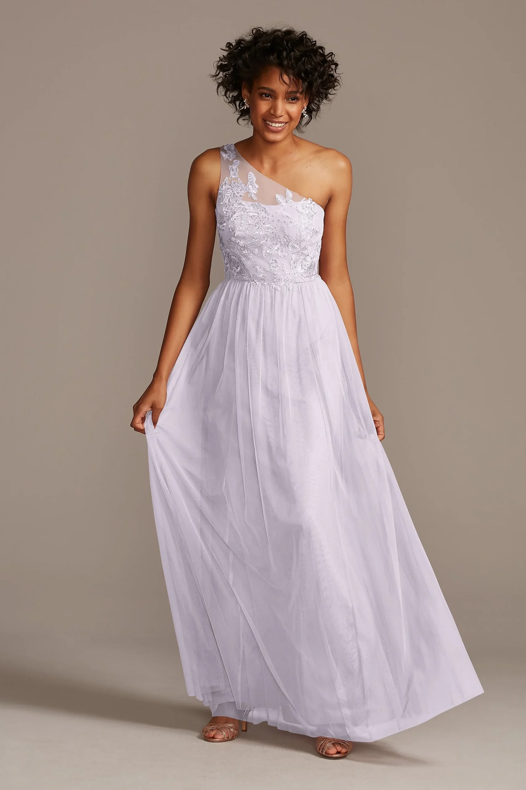One-Shoulder Embroidered Soft Net Bridesmaid Dress