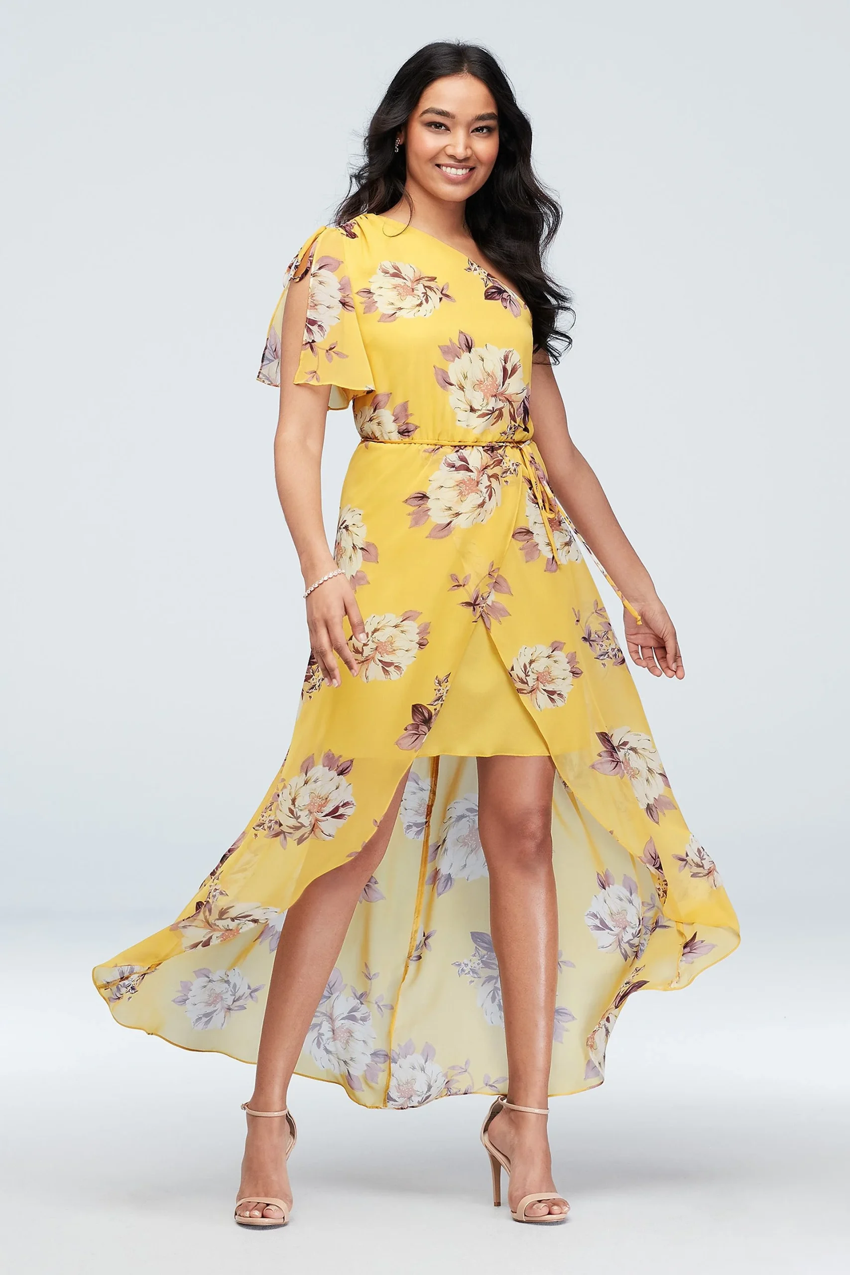 One Shoulder Floral Dress With Chiffon Wrap Skirt
