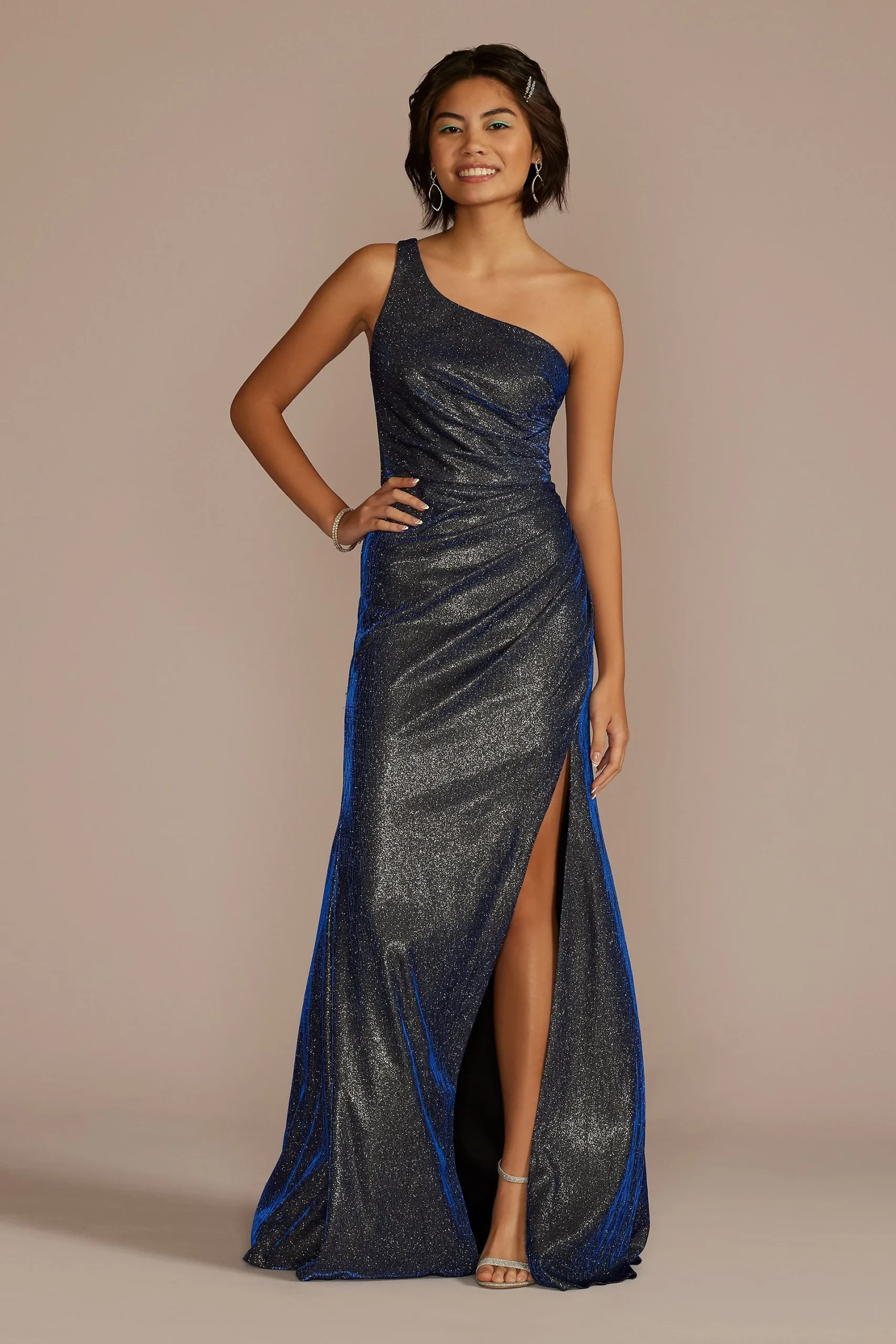 One-Shoulder Glitter Metallic Pleated Dress