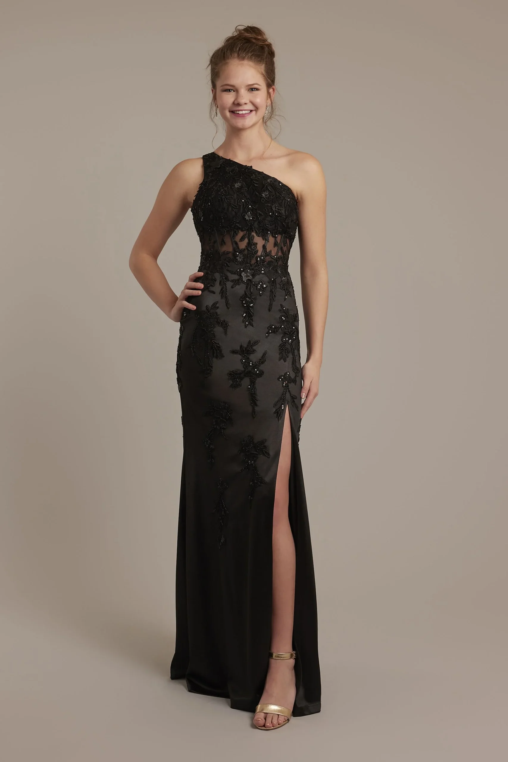 One-Shoulder Illusion Corset Applique Sheath