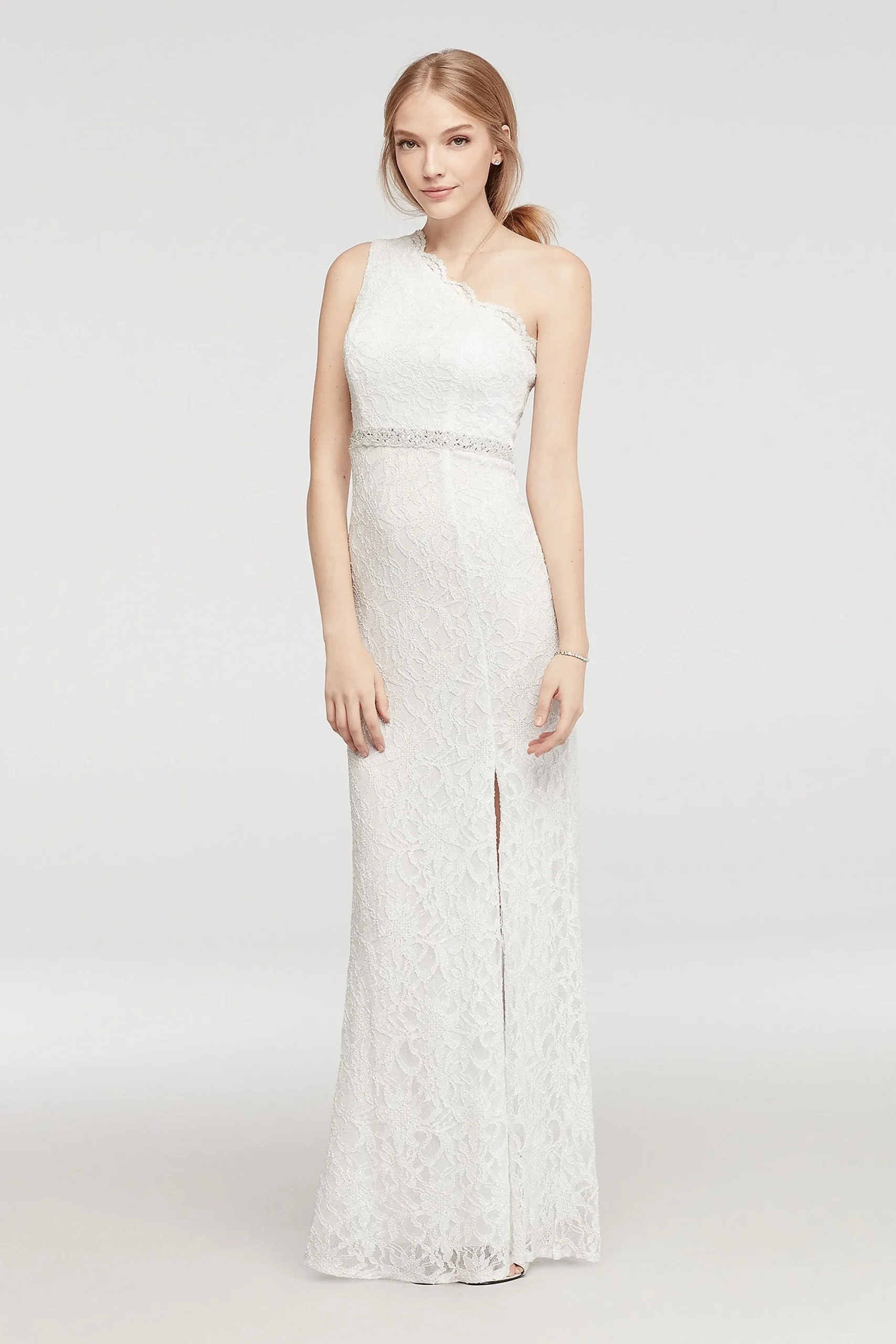One Shoulder Lace Prom Dress with Beaded Waist