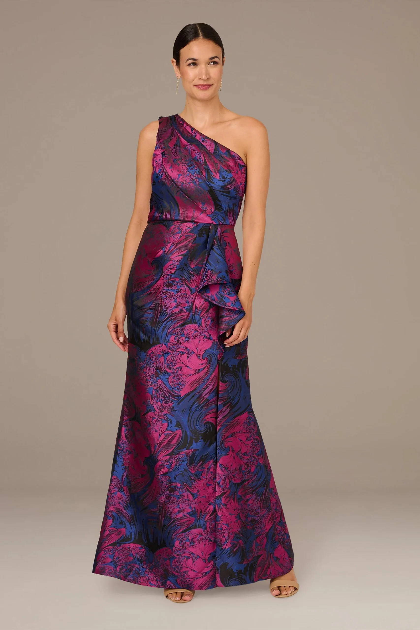 One-Shoulder Ruffled Jacquard Sheath Dress