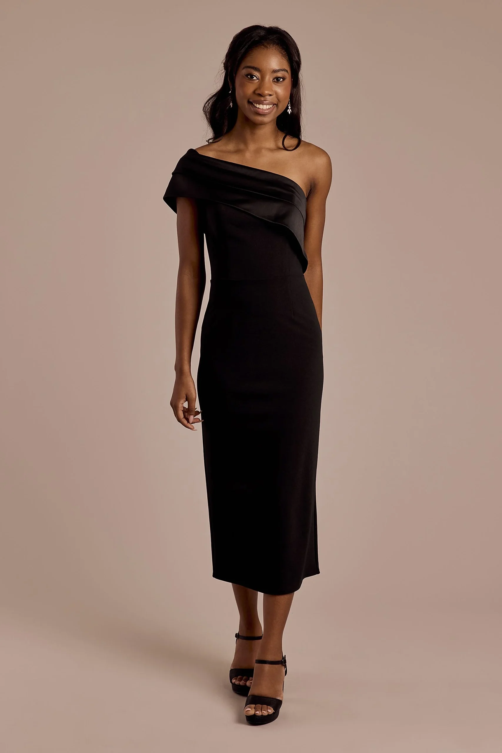 One-Shoulder Satin and Crepe Midi Sheath Dress