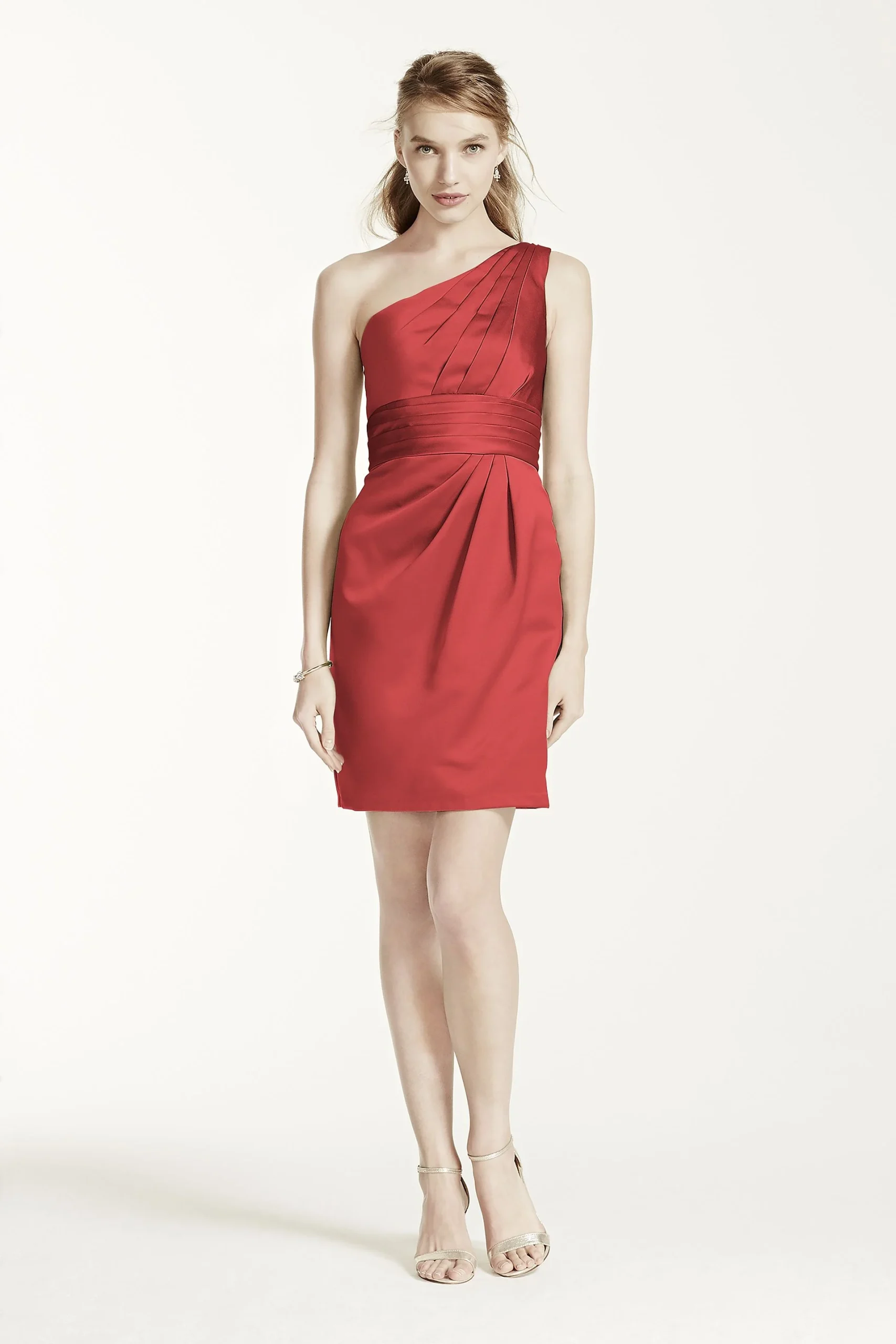 One Shoulder Satin Dress with Pleated Bodice