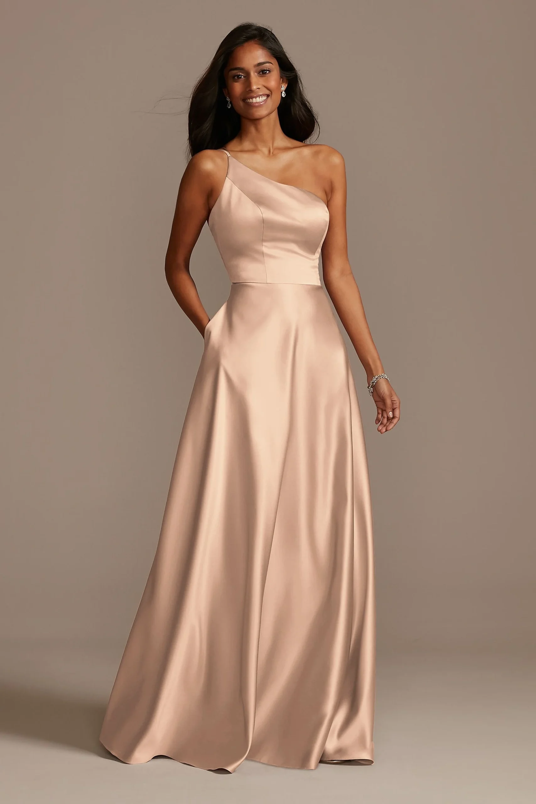 One Shoulder Satin A-Line Long Dress