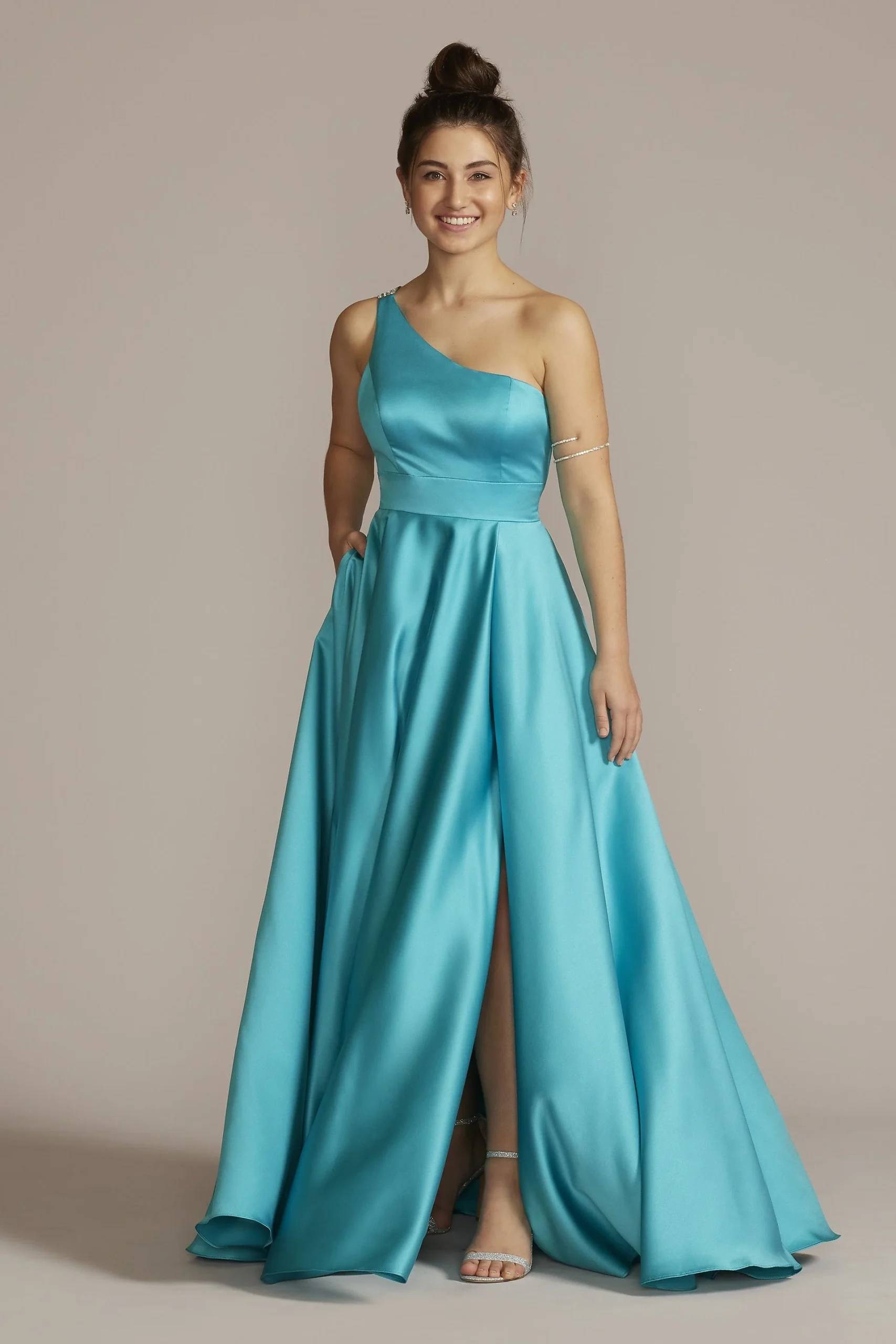 One-Shoulder Satin A-Line with Skirt Slit